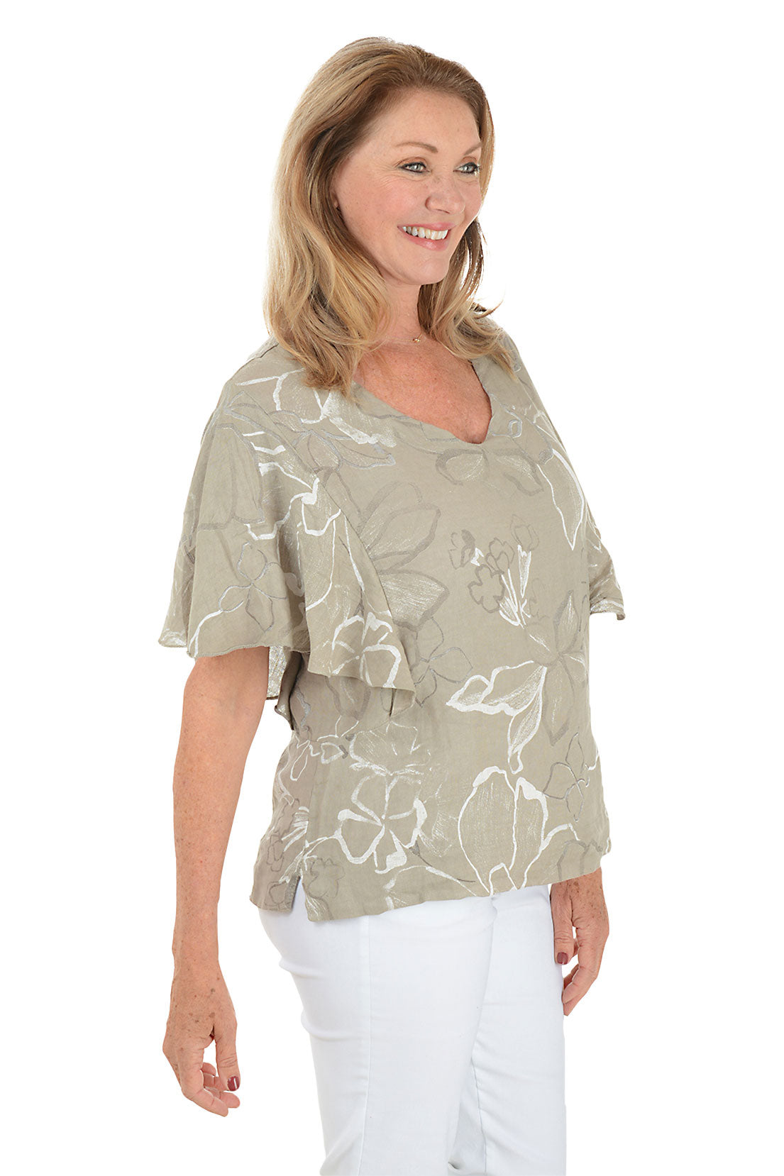 Taupe Floral Print Flutter Sleeve Linen Blouse for Women - Elegant Summer Top for Office, Date Night & Casual Outings
