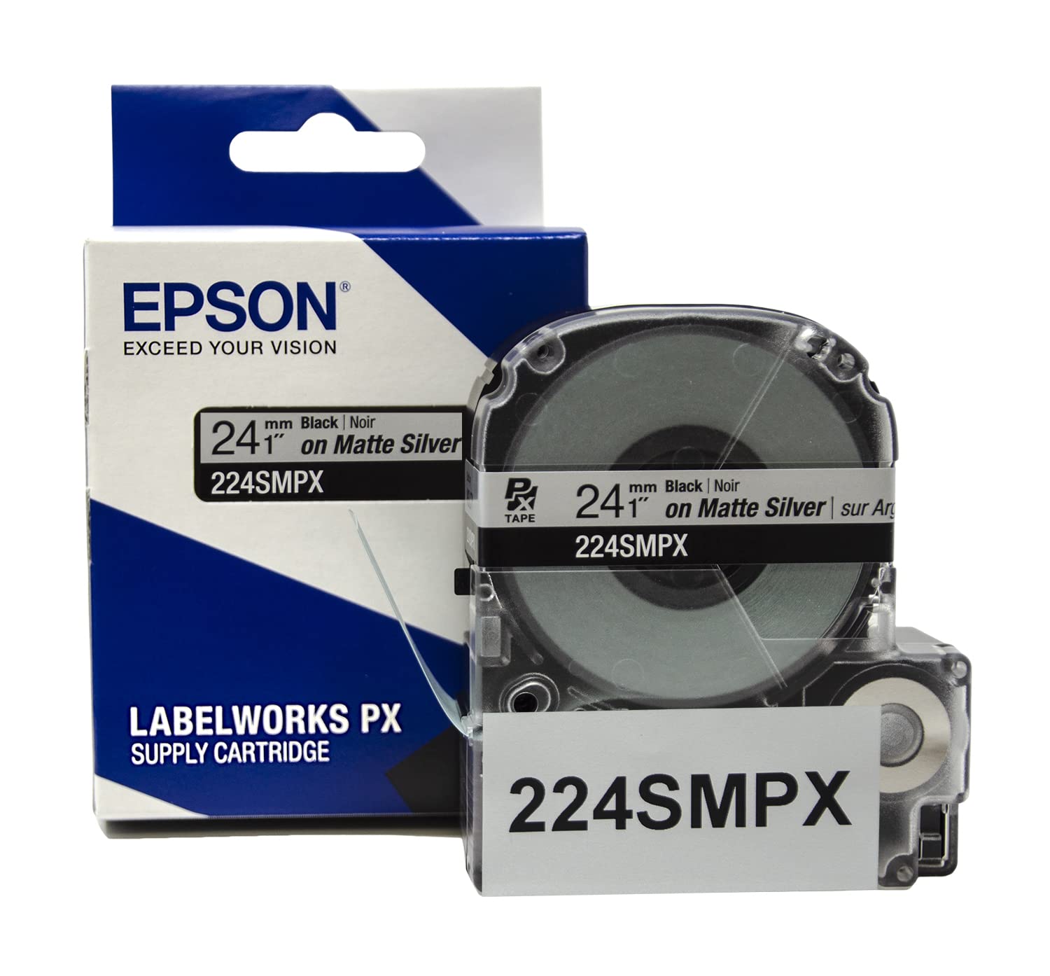 Epson LABELWORKS 224SMPX PET (Polyester) Tape Cartridge - Black on Silver Matte Label Maker Tape - 1
