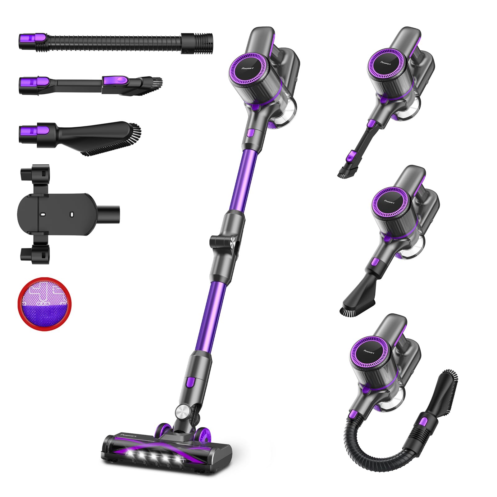 POWEART 350W Cordless Vacuum Cleaner - Powerful 8-in-1 Multifunction Handheld Vacuum with 2600mAh Battery, 50min Runtime for Home, Pet Hair, Car & Hard Floors - Lightweight & Portable Violet Vacuum Cleaner for Quick Cleaning & Daily Maintenance