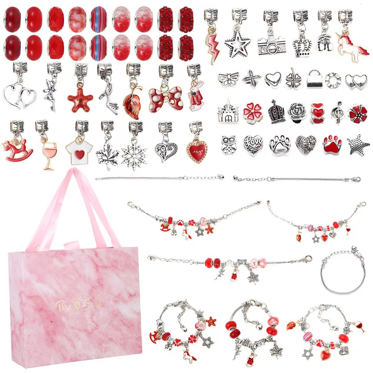 OceanWings 63PC Charm Bracelet DIY Making Kit - Jewelry Beads Craft Set for Girls Ages 4-12, Colorful Creativity Imagination Toys with Gift Box - Perfect for Valentine's Day, Birthday Gifts & Party Favors