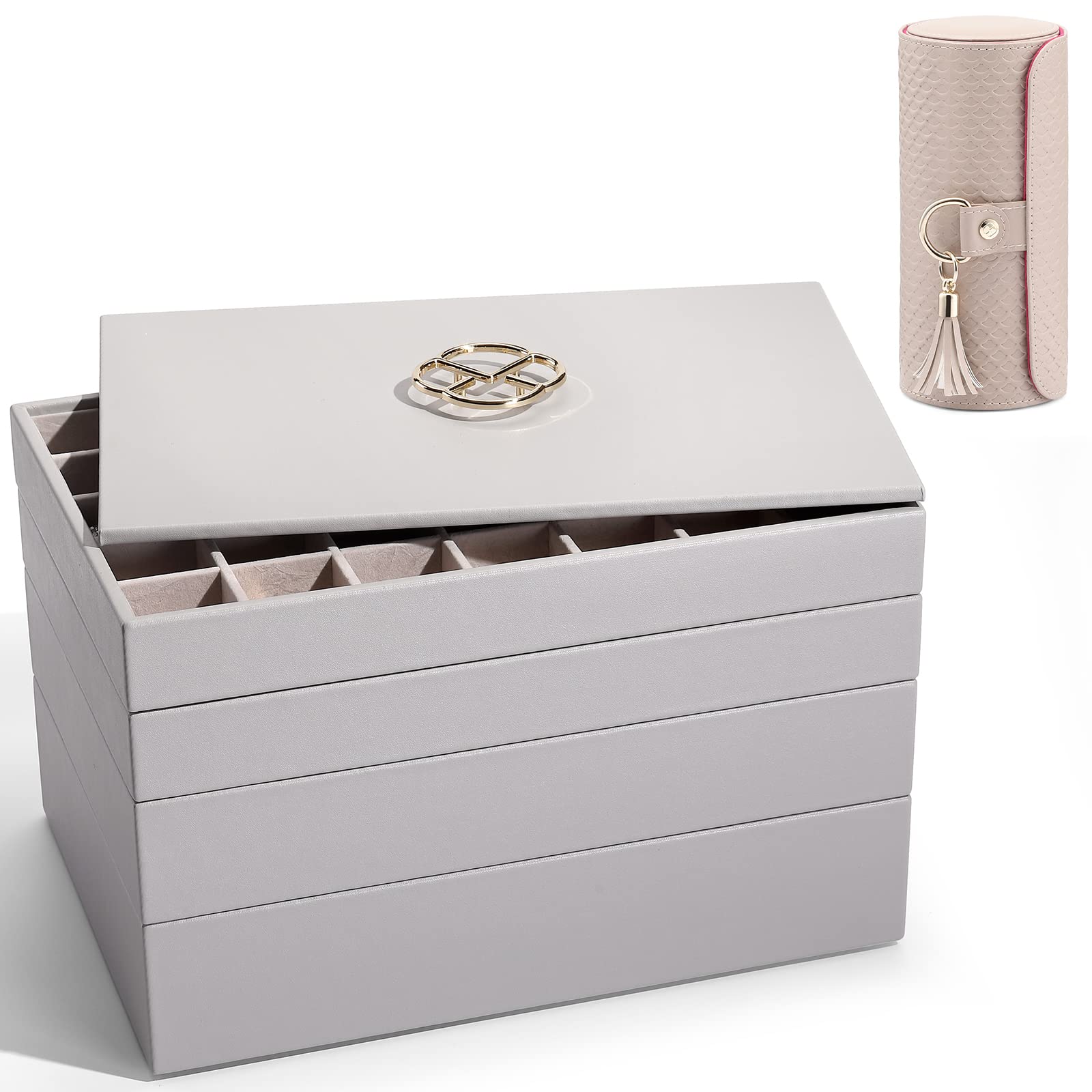 Vlando Miller 5-in-1 Grey Jewelry Tray with Viaggio Small Jewelry Case - Perfect for Travel, Home Organization & Gift Giving