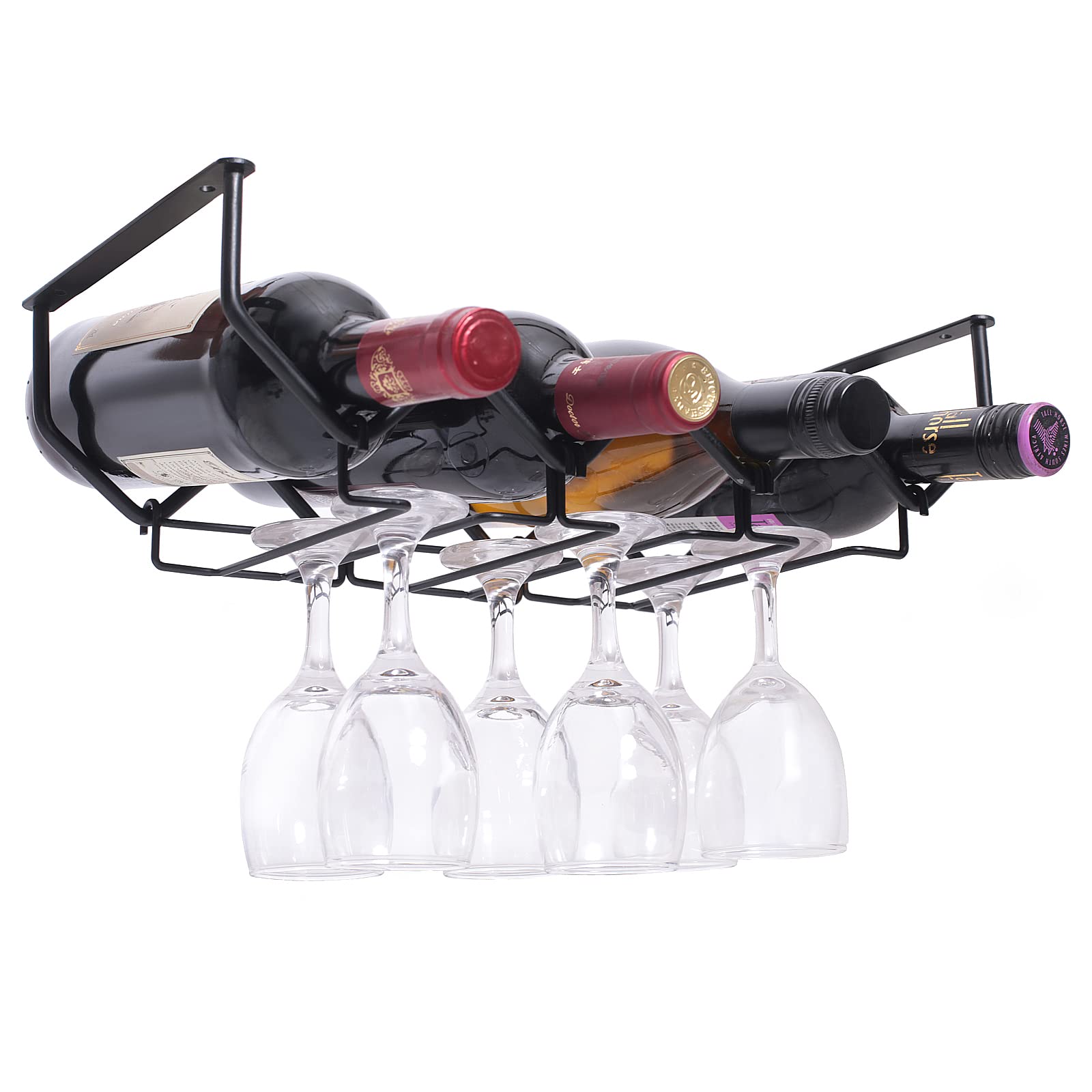 Under Cabinet Wine Glass Rack - Stemware Holder & 4-Bottle Organizer with 6 Glass Hooks, Space-Saving Kitchen Storage (Matte Black) - Perfect for Small Kitchens, Bars, and Wine Cellars