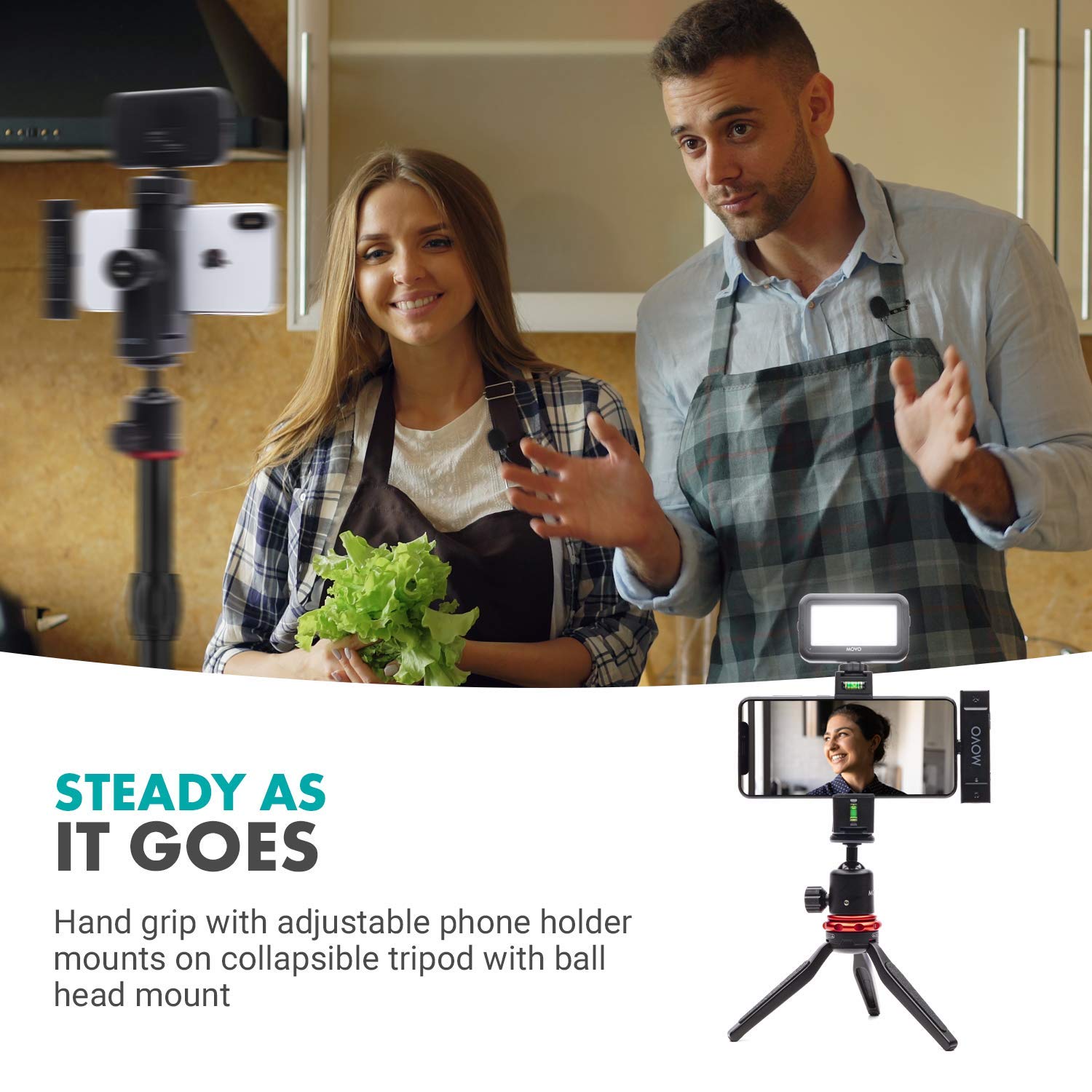 Wireless Lavalier Microphone for iPhone & iPad - MOVO iVlog-DI-Duo Vlogging Kit with Smartphone Rig, LED Light, Tripod & Lightning Lapel Mic | Perfect for YouTube Videos, Live Streaming, Podcasting & Interviews