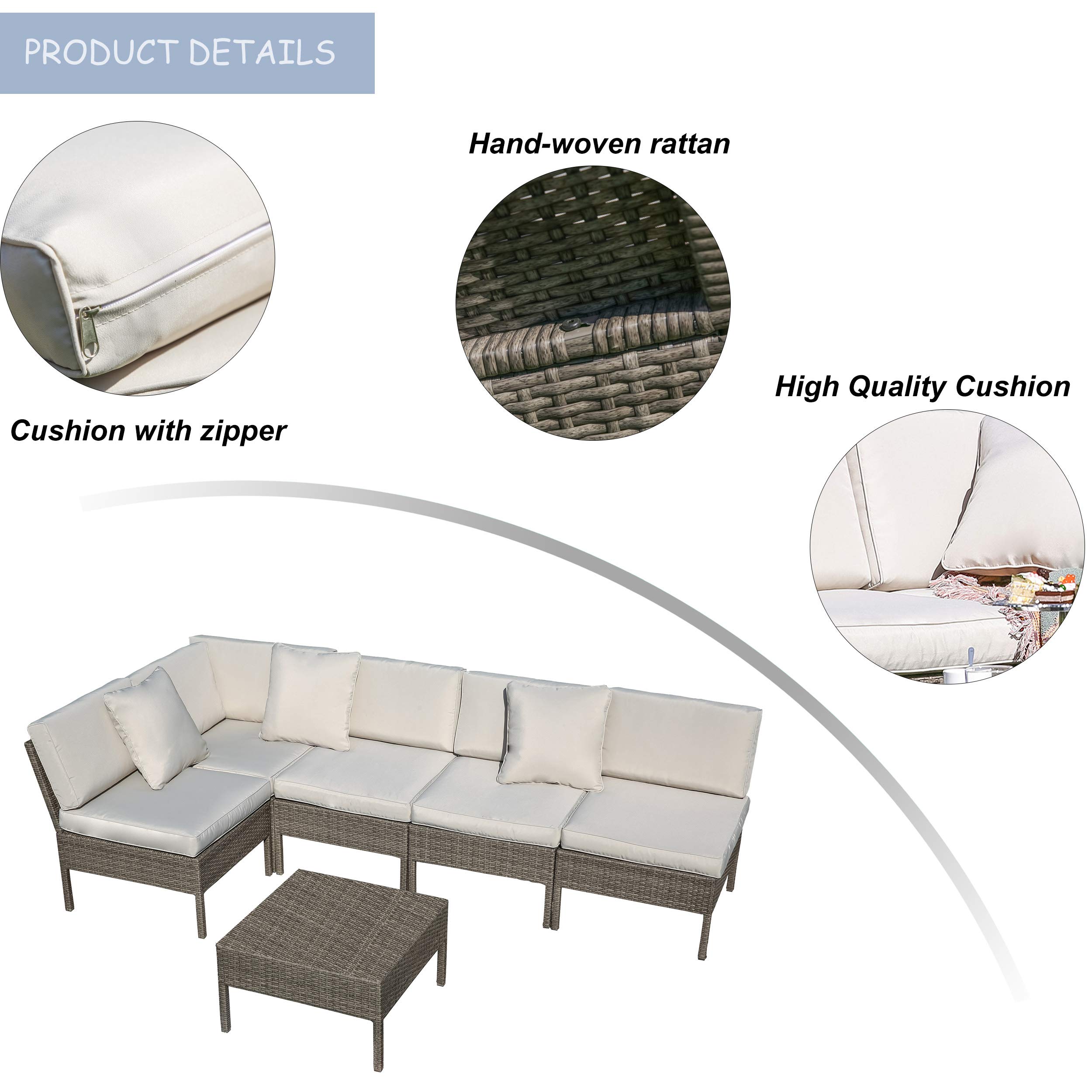 LOKATSE HOME 6-Piece Patio Wicker Outdoor Sectional Sofa Set with 3 Pillows & Coffee Table - Weather-Resistant Rattan Furniture for Garden, Backyard, Poolside (Beige) - Perfect for Relaxing, Entertaining & Outdoor Conversations