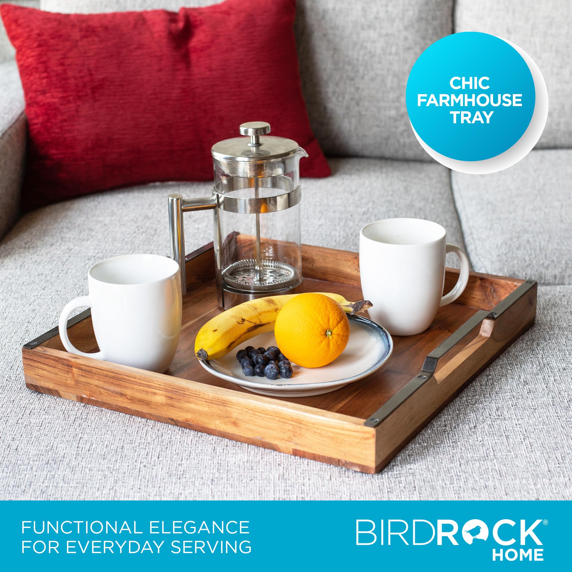 BIRDROCK HOME Acacia Wood Serving Tray with Handles - Farmhouse Style Square Wooden Tray for Breakfast, Tea, Cheese & Coffee - Natural Kitchen & Bar Decor - Perfect for Dining, Entertaining & Home Decor