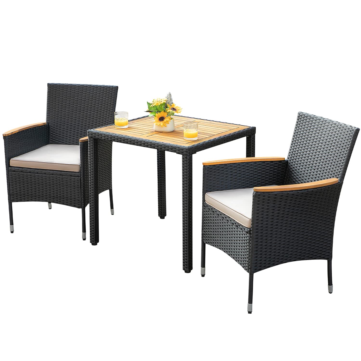 Flamaker 3-Piece Outdoor Patio Dining Set - Acacia Wood Table & Wicker Chairs with Cushions - Weather-Resistant Black Furniture for Deck, Backyard, Porch, Garden - Perfect for Outdoor Entertaining & Relaxation