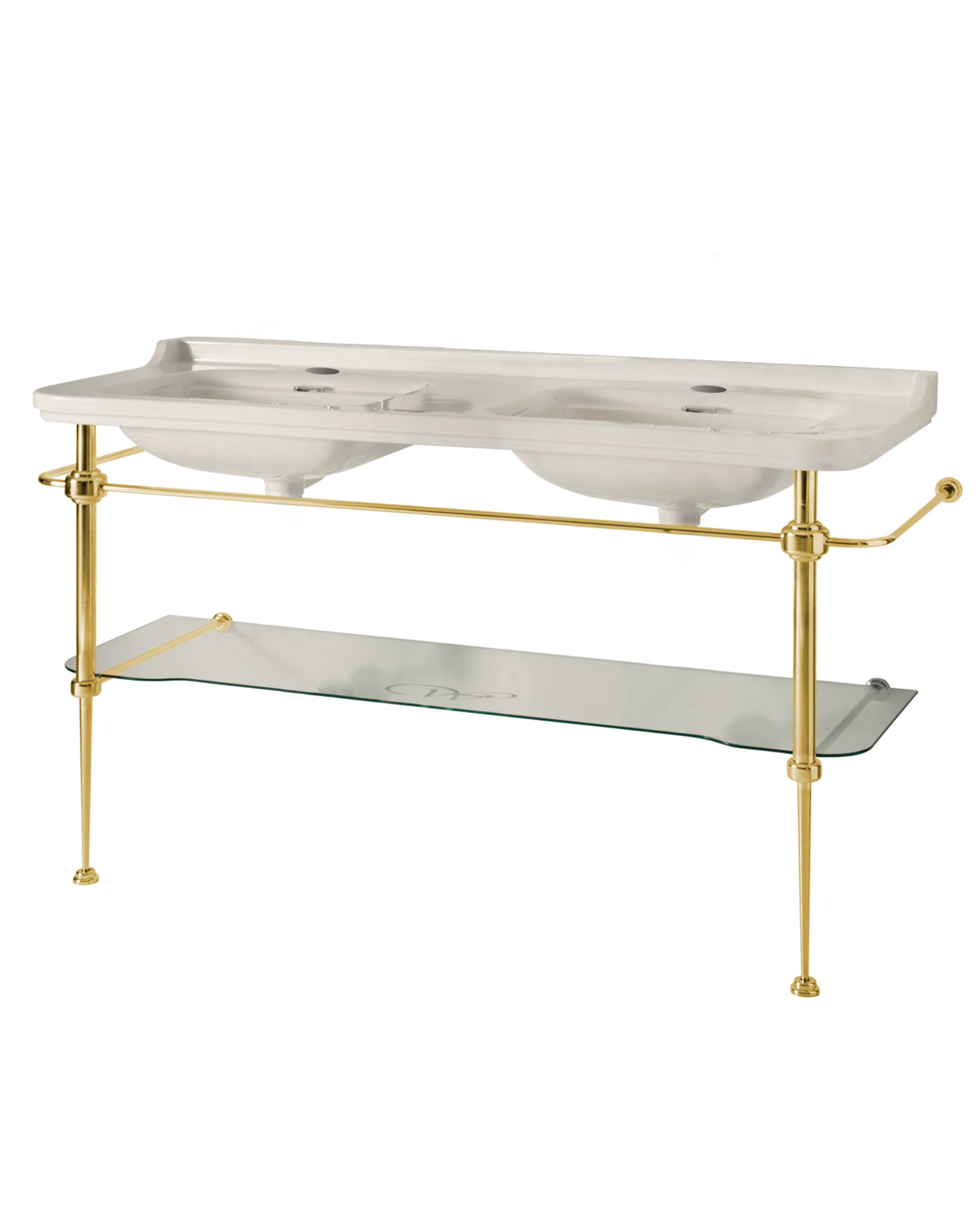 Art Deco Handfat med Guldben & Glashylla - 150 cm Dubbelt Badrumsskåp - Modern Vintage Bathroom Vanity for Home Decor
