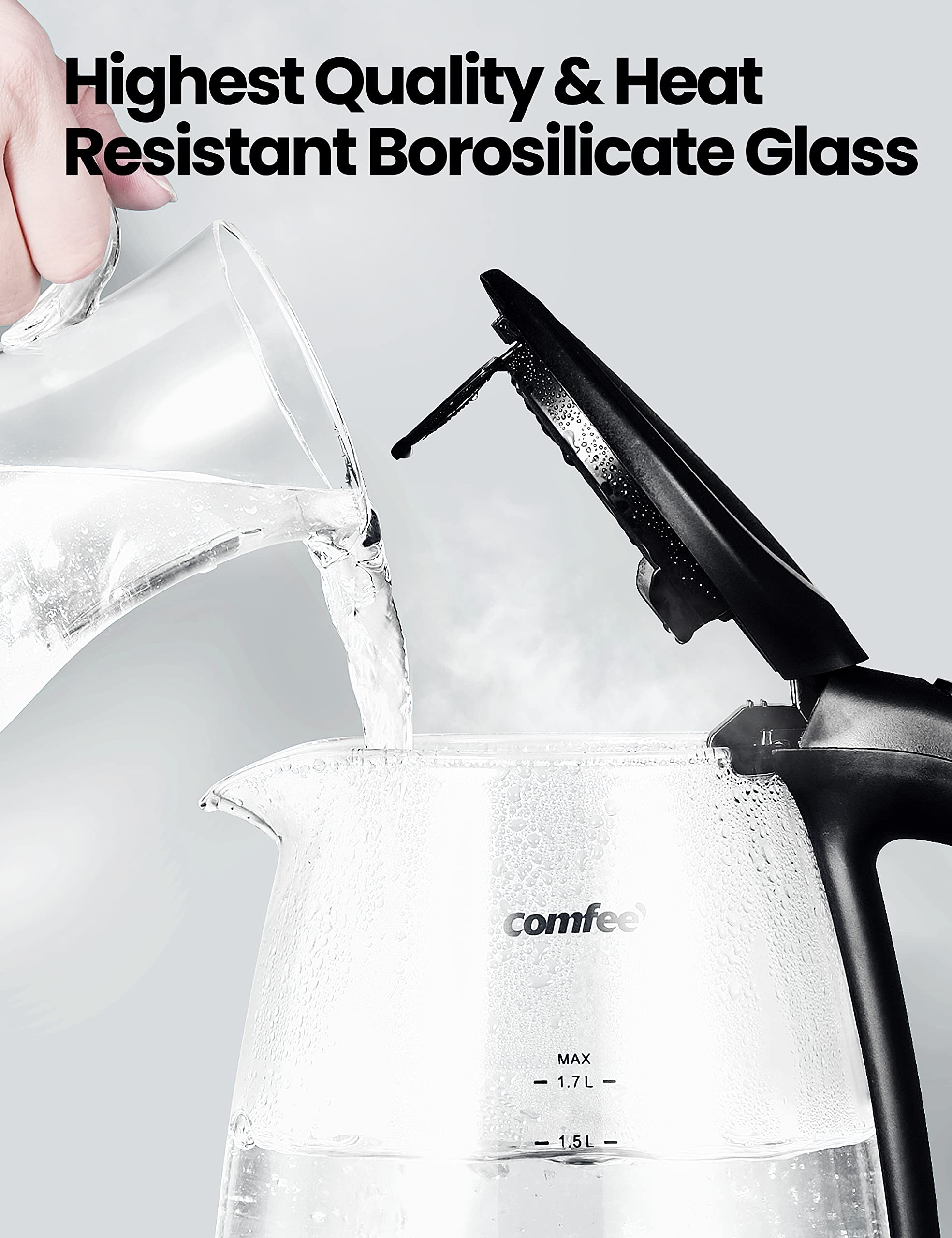 COMFEE' 1.7L Glass Electric Tea Kettle with LED Indicator - 1500W Fast Boiling, Auto Shut-Off & Boil-Dry Protection - Perfect for Home, Office & Tea Lovers - BPA Free Hot Water Kettle for Coffee, Tea & Instant Meals