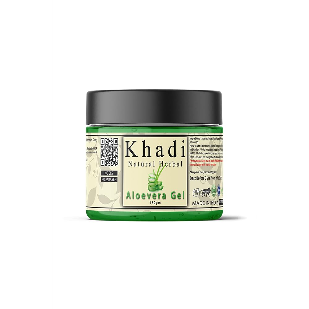 Khadi Natural Herbal Aloe Vera Gel for Face, Skin & Hair - Brightens & Glows Skin | Paraben-Free, 180 gm | Perfect for Sunburn Relief, Moisturizing & Hair Care