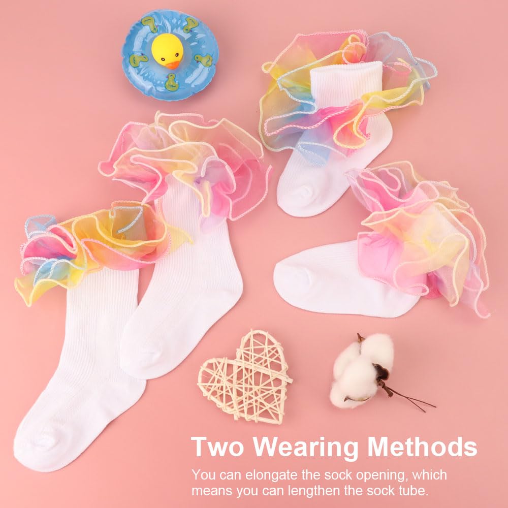 DRESHOW BQUBO Girls Ruffle Socks - Double Lace Frilly Dress Socks with Turn Cuff & Lace Trim for Infant, Toddler & Kids - Perfect for Parties, Weddings & Special Occasions