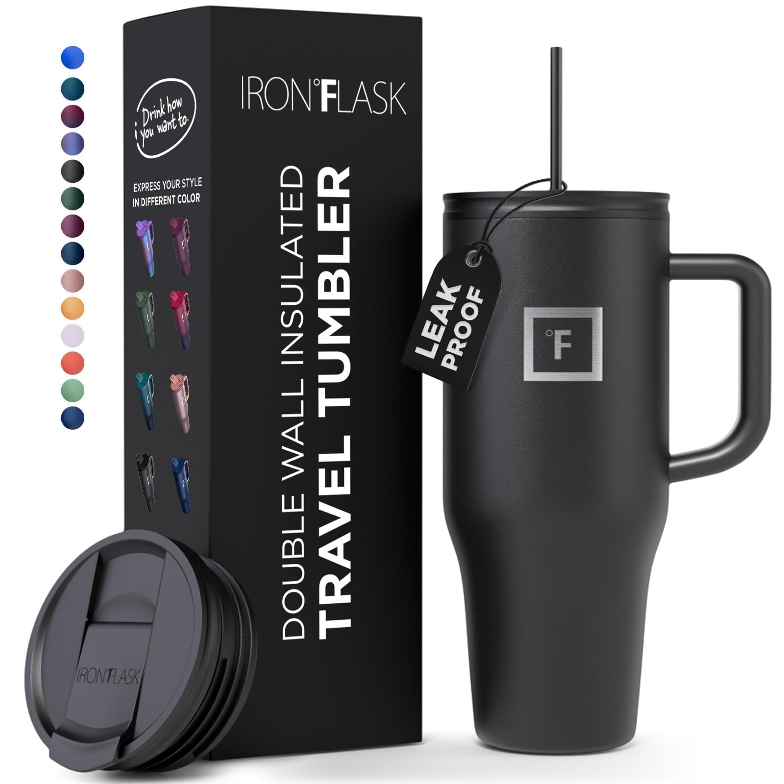 IRON °FLASK Co-Pilot 40oz Insulated Stainless Steel Travel Mug with Straw & Flip Lid - Leak-Proof Vacuum Cup for Hot Coffee & Cold Drinks - Fits Car Cup Holders - Perfect for Commuting, Camping & Office Use - Midnight Black
