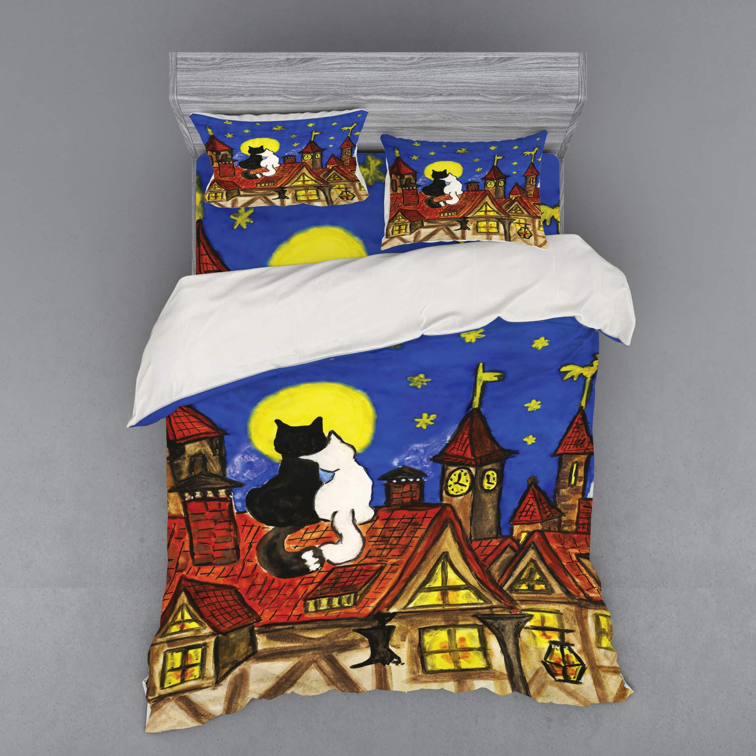 Ambesonne Cat Duvet Cover Set - Queen Size 4-Piece Bedding with 2 Shams & Fitted Sheet - Funky Starry Night Art Print of Cats on Rooftop - Vibrant Multicolor Design for Cozy Bedroom Decor & Gift Idea