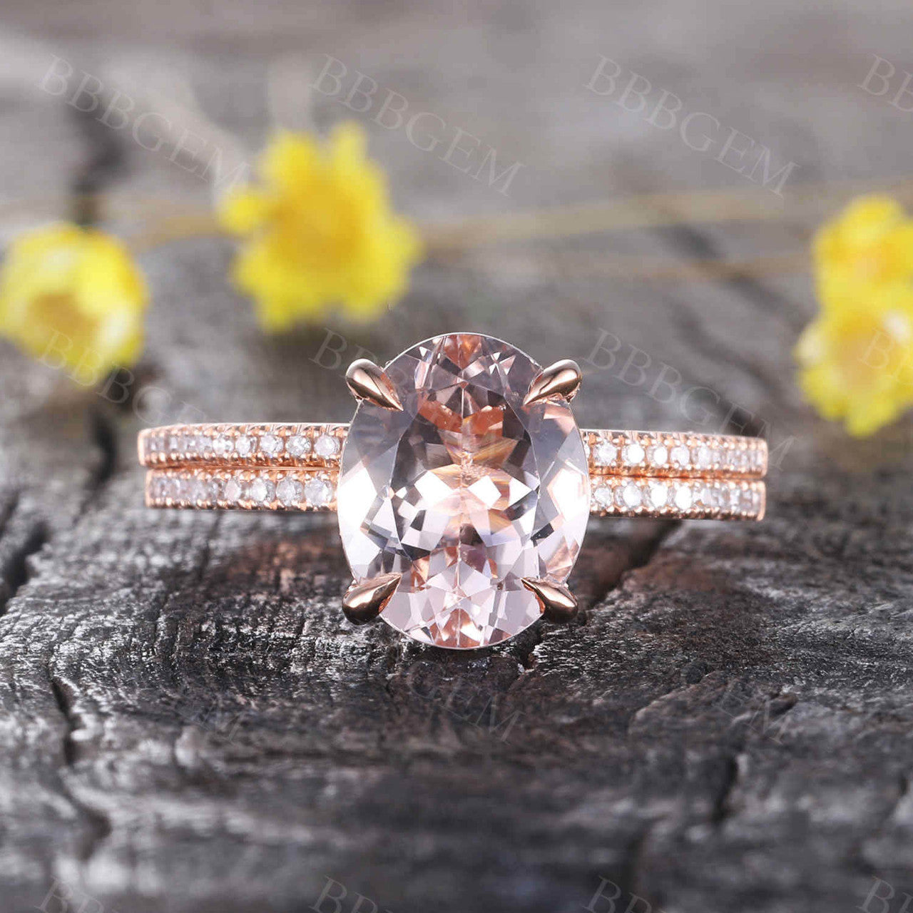 Rose Gold Morganite & Diamond Wedding Ring Set - 7x9mm Oval Art Deco Stacking Band in 14K/18K Gold - Perfect for Engagement, Anniversary & Bridal Jewelry Gifts