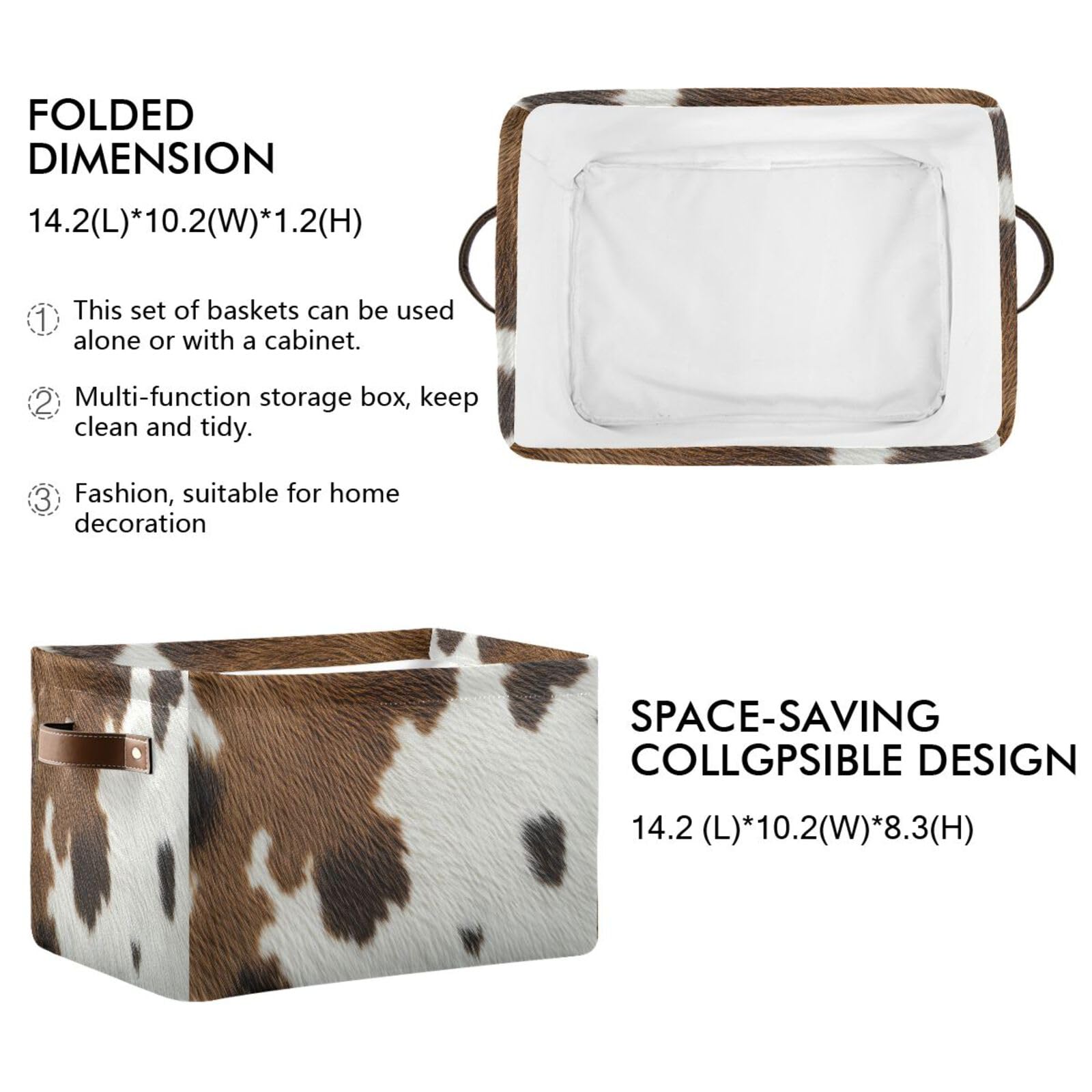 **Cow Print Large Square Storage Basket Bin with Handles (2-Pack) – Foldable Multi-Functional Closet Organizer for Toys, Books, Clothes – Perfect for Nursery, Playroom & Bedroom Organization**