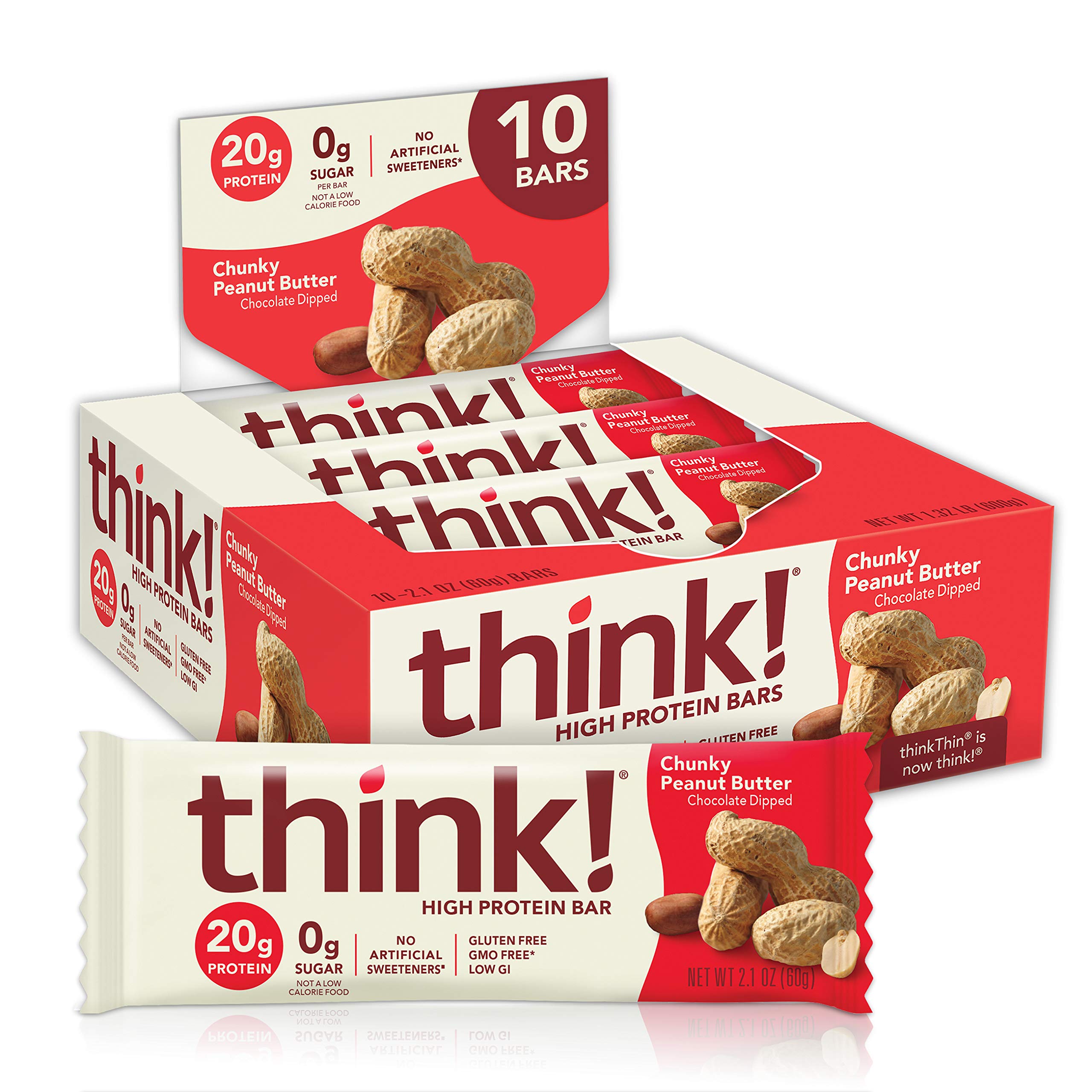 Think! Protein Bars - High Protein Snacks, Gluten Free & Sugar Free Energy Bars with Whey Protein Isolate, Chunky Peanut Butter Flavor, No Artificial Sweeteners - 2.1oz (10 Pack) - Perfect for Gym Workouts, Hiking & Healthy On-the-Go Snacking
