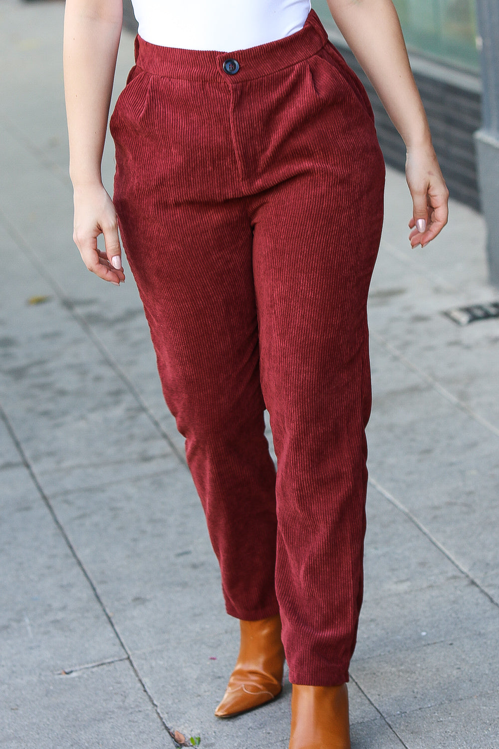Going Your Way Burgundy Corduroy High Rise Tapered Pants for Women - Stylish Fall Winter Casual Office Pants