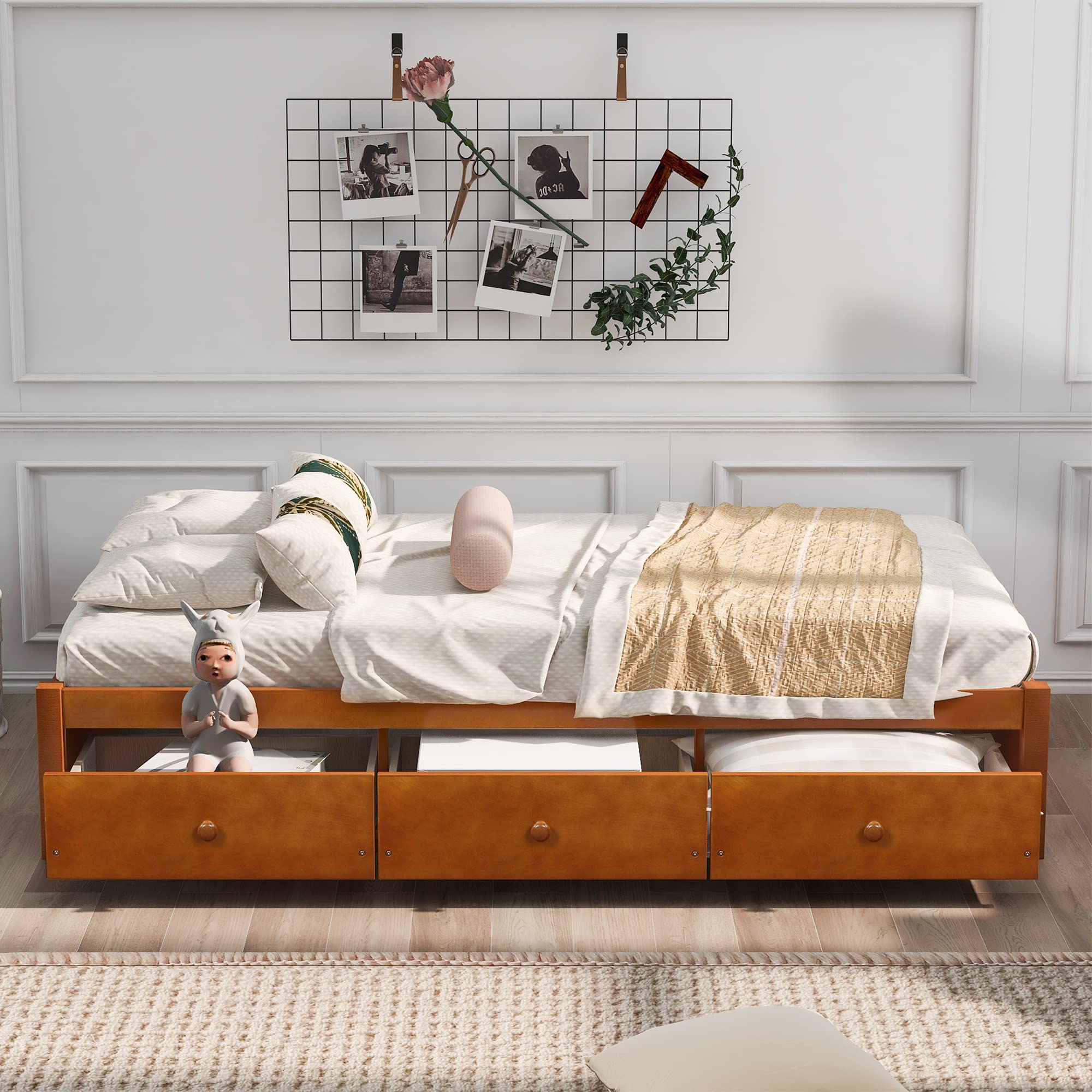 Solid Wood Twin Bed Frame with Storage Drawers - Oak Platform Bed for Kids, Teens, Boys & Girls - Perfect for Small Bedrooms, Guest Rooms & Dorm Rooms