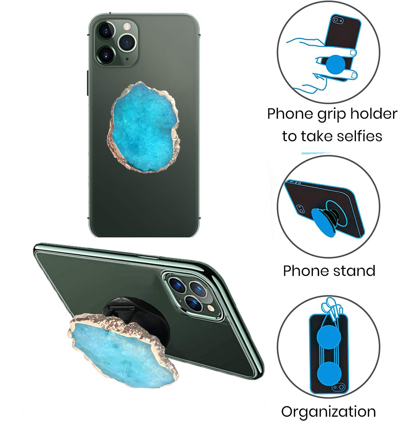 Crystal Phone Grip Holder - Anti-Slip Phone Stand for iPhone, Samsung & Tablets (Pure Blue) | Perfect for Watching Videos, Taking Selfies & Secure One-Hand Use