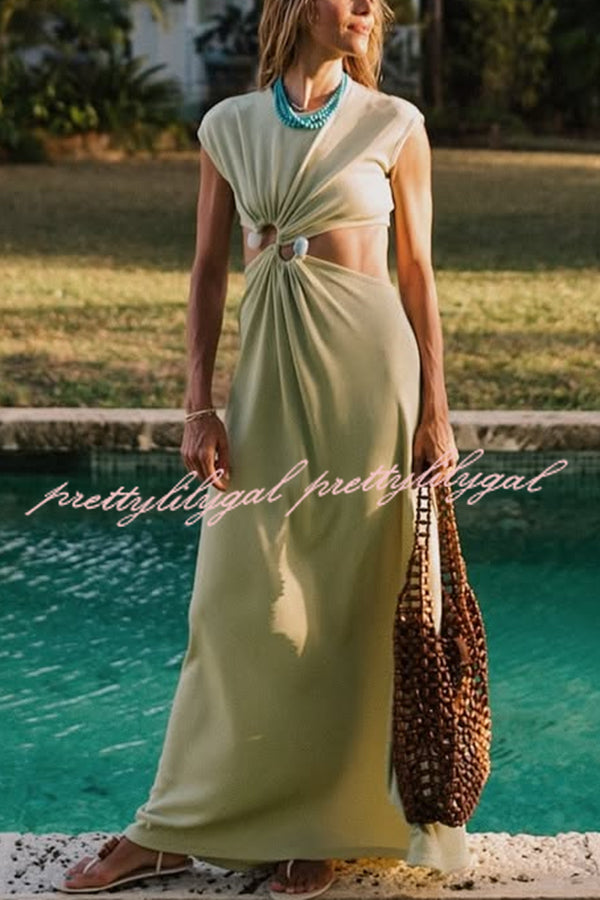 Stylish Ribbed Knit S-Buckle Cutout Waist Maxi Dress for Women | Elegant Bodycon Party & Evening Gown | Perfect for Date Night, Cocktail Parties & Special Occasions