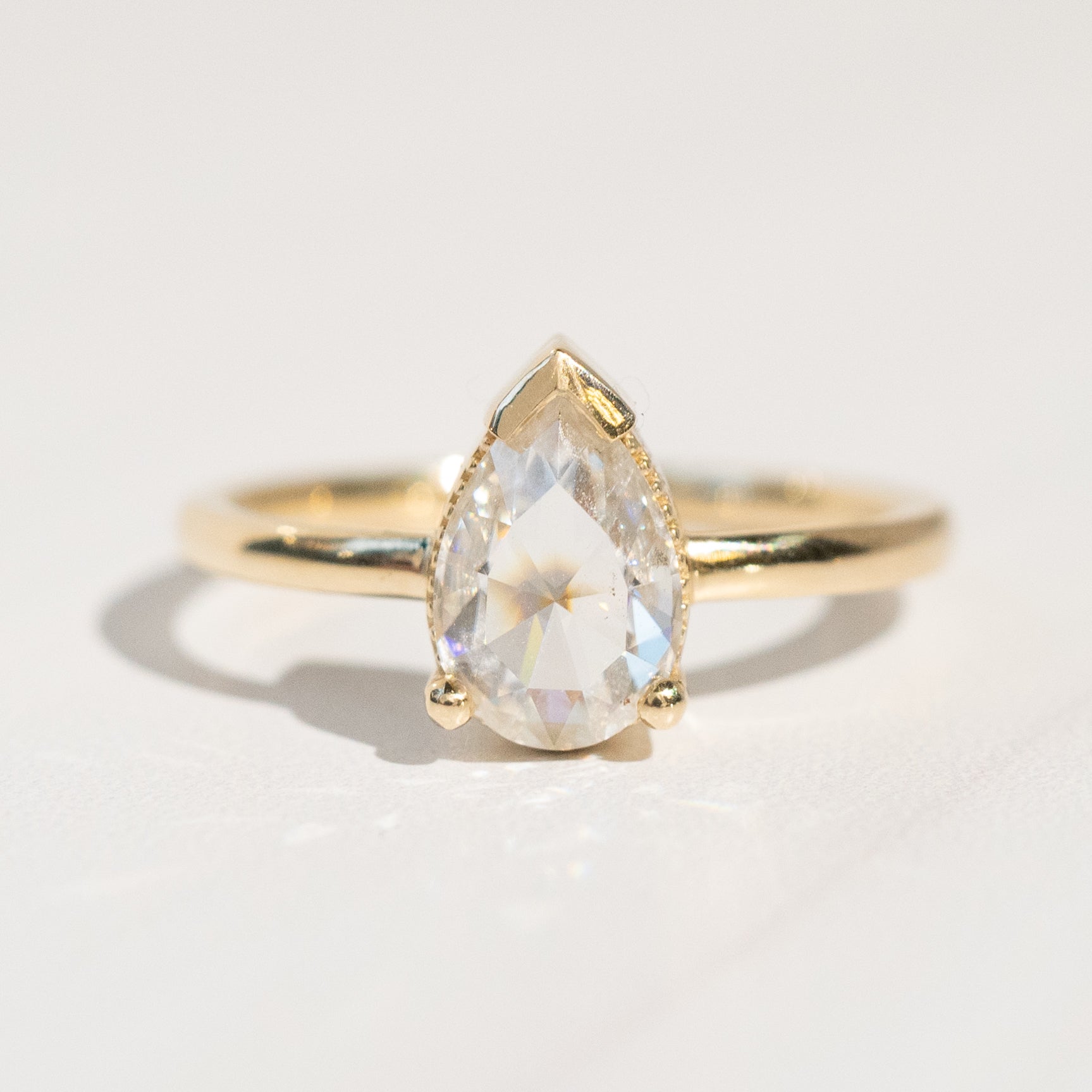 14K Yellow Gold Rose Cut Pear Moissanite Solitaire Ring for Women - Elegant Engagement & Wedding Jewelry Gift for Her