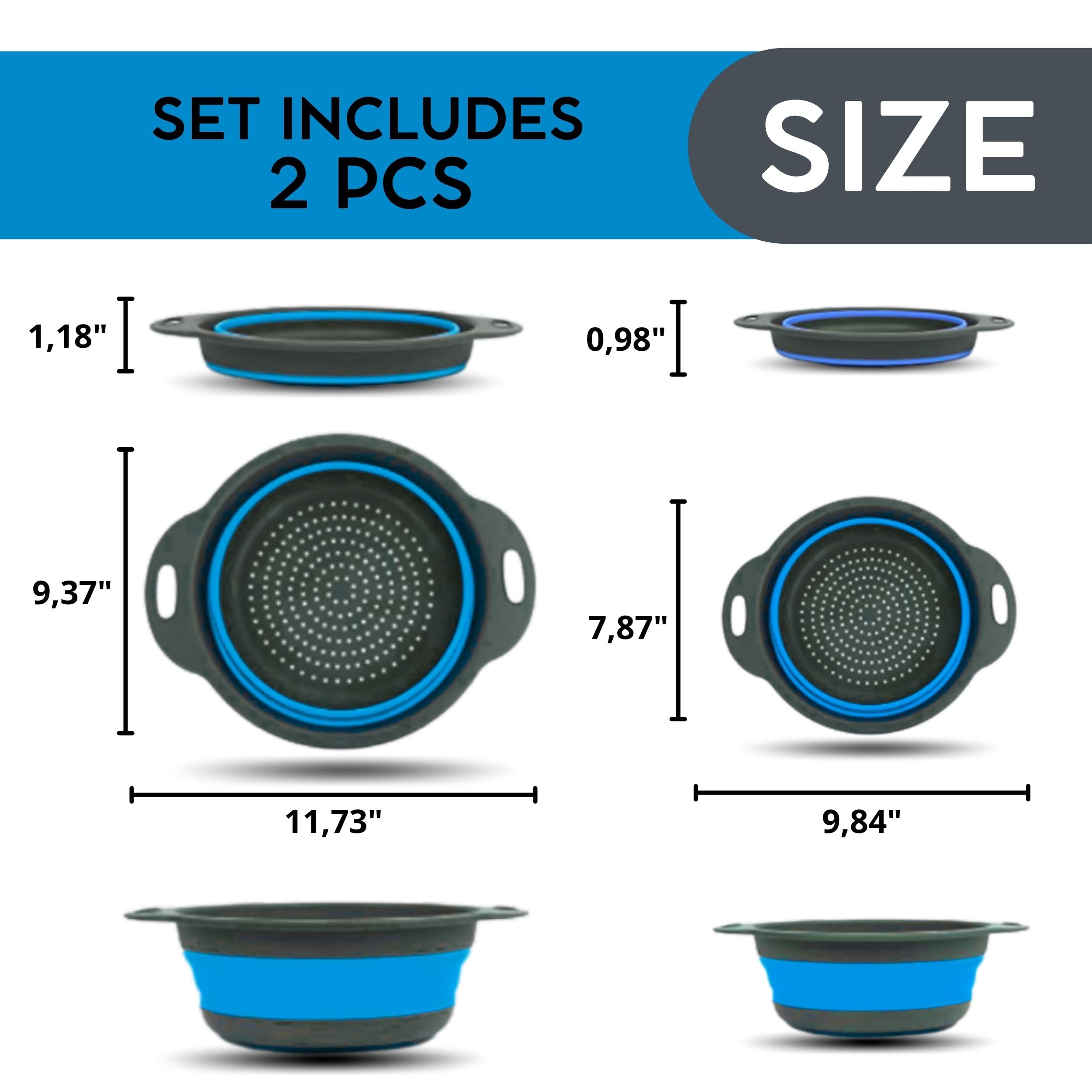 Blue Kitchen Strainer Colander Set - 2 PCS Collapsible Silicone Food Grade Strainers with Plastic Handles for Pasta, Spaghetti, and Vegetables - Perfect for Cooking, Draining, and Meal Prep