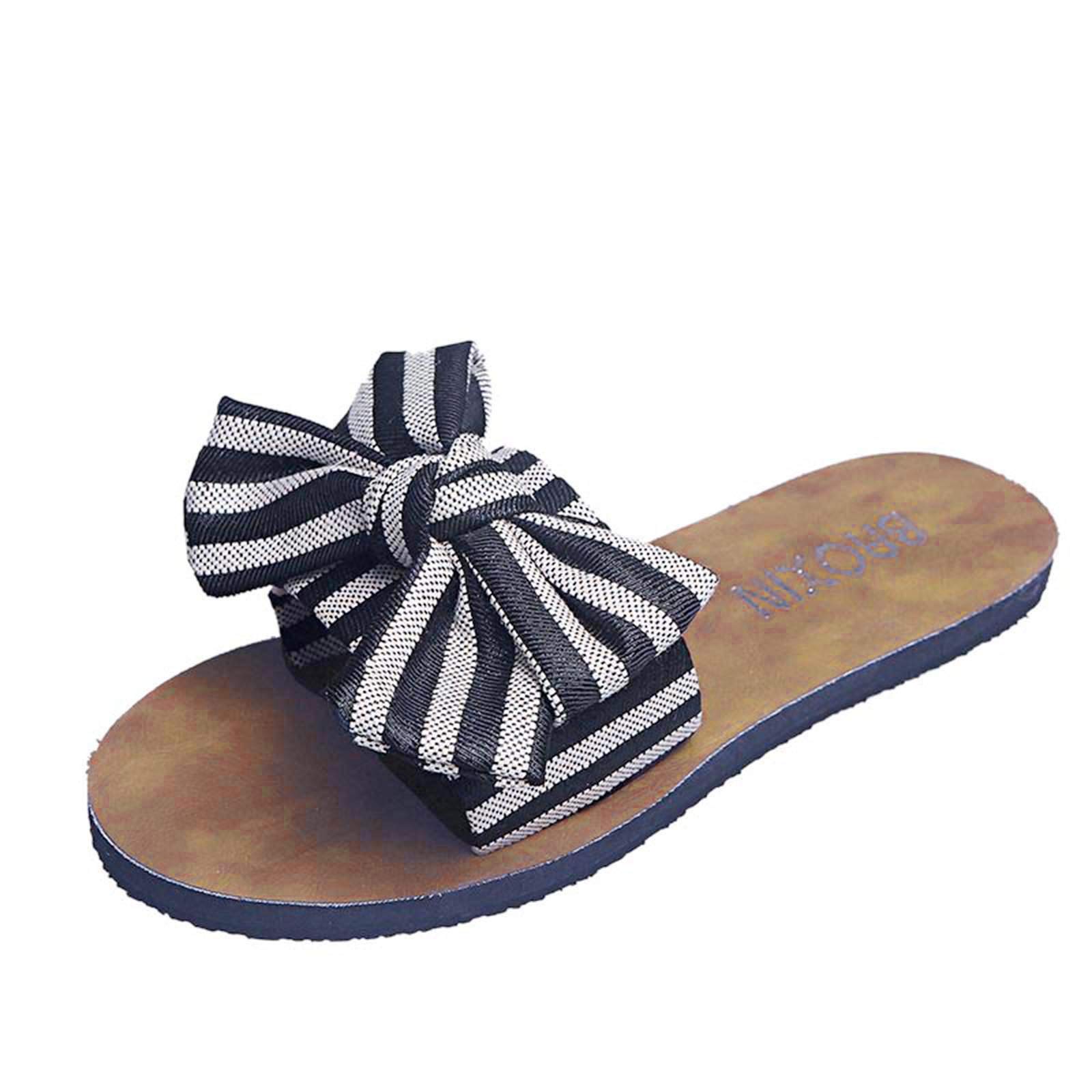 Women's Fashion Striped Plush Slippers - Soft Flat Casual Bowknot House Shoes for Indoor/Outdoor Wear - Perfect for Home, Beach & Lounge Comfort