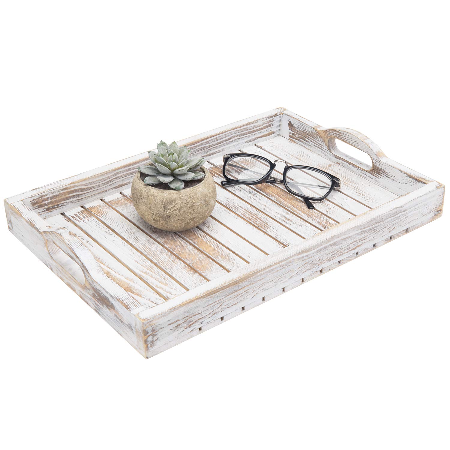 MyGift Shabby Chic Whitewashed Wood Breakfast Serving Tray with Cutout Handles - Rustic Slatted Design Coffee Table Tray, 16 x 11 Inches - Perfect for Breakfast in Bed, Living Room Decor & Ottoman Serving