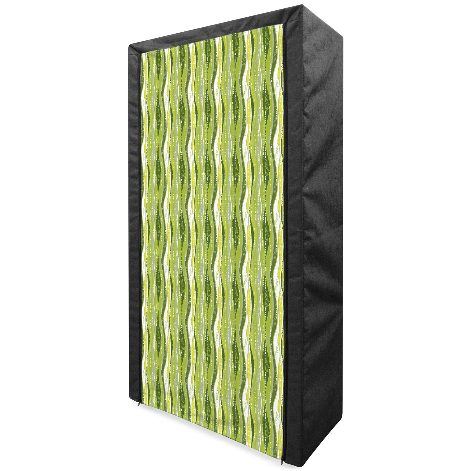 Ambesonne Striped Portable Fabric Wardrobe - Retro Wavy Leaf Print Clothing Organizer with Shelves, 33.5 Inch Green Closet Storage for Bedroom, Dorm, or Travel Use
