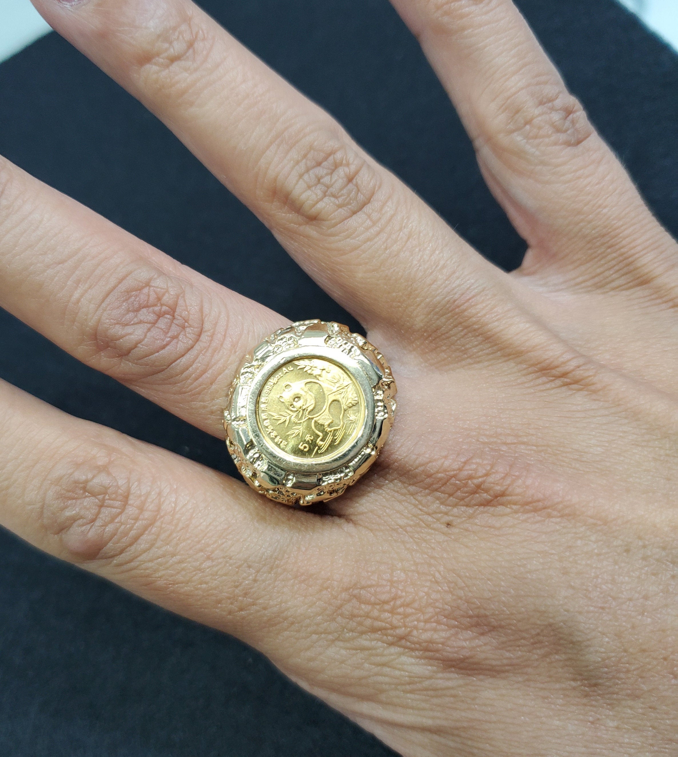 1991 Panda Coin 1/20oz Fine Gold Ring with 14K Yellow Gold Nugget Band - Perfect for Collectors, Gifts & Special Occasions