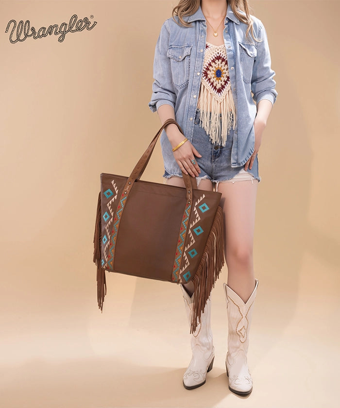 Wrangler Aztec Embroidered Fringe Wide Tote Bag for Women - Stylish Boho Shoulder Purse for Beach, Travel & Everyday Use