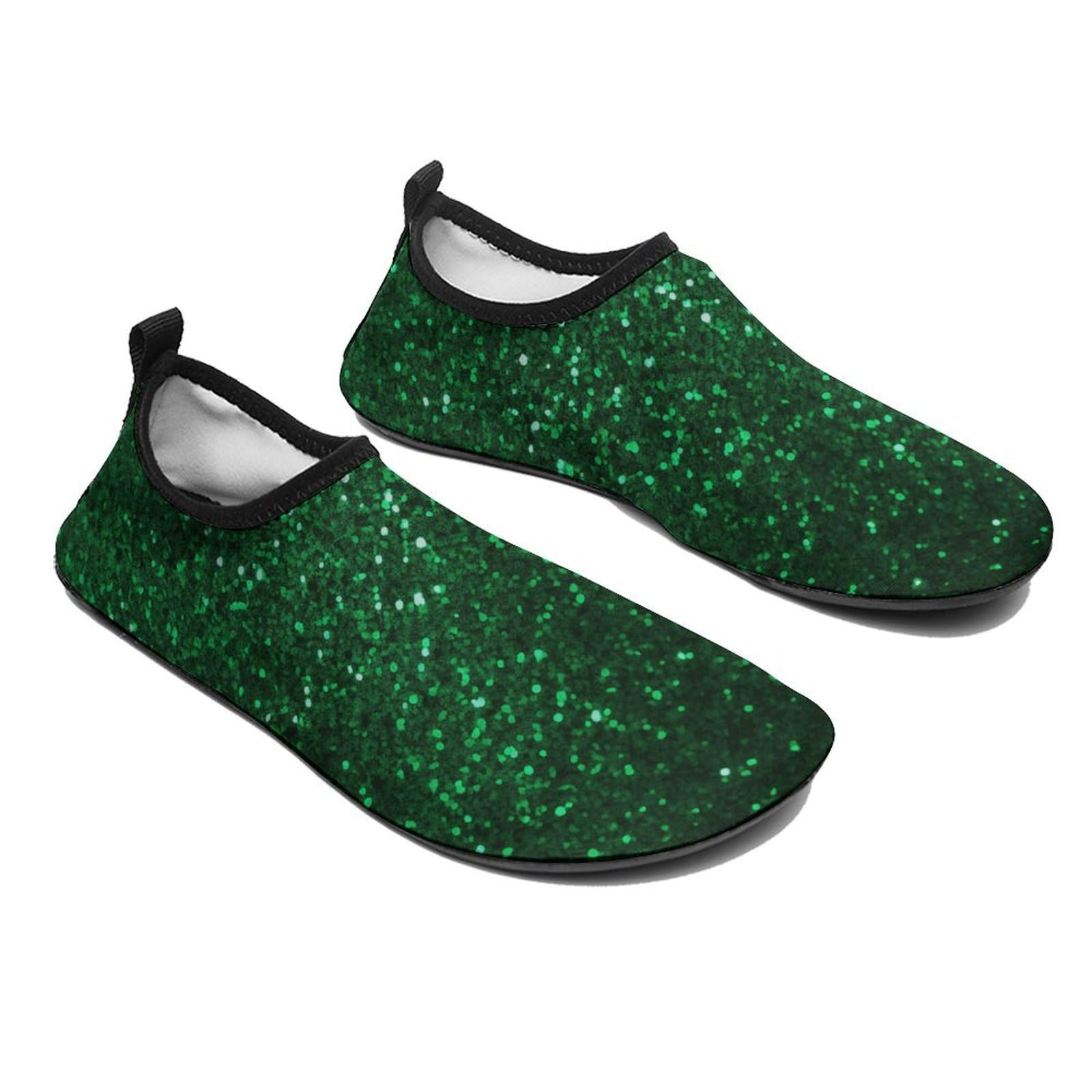 **Women's & Men's Quick-Dry Water Shoes - Barefoot Aqua Swim Beach Shoes with Green Sequin Sparkle for Sports, Hiking & Outdoor Activities**    *(Perfect for Swimming, Beach Walks, Yoga, Kayaking & Water Sports)*