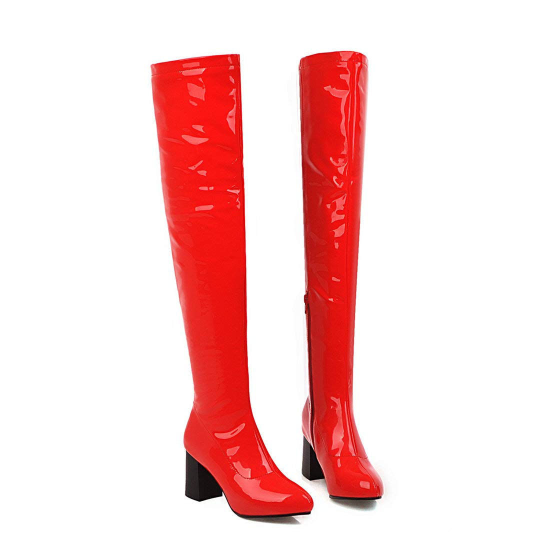 LUXMAX Women's Stretchy Over Knee Patent Leather Thigh High Boots with Chunky Heel - Fashionable & Comfortable for Party, Night Out, and Winter Style