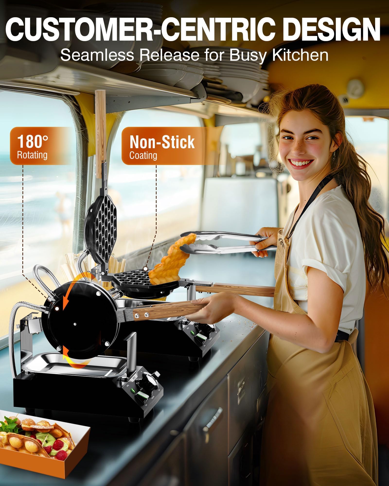 PYY 1500W Commercial Bubble Waffle Maker - Electric Stainless Steel Egg Puff Waffle Iron with Non-Stick Coating, 180° Rotating & Wooden Handle (122-482°F) - Perfect for Hong Kong Style Round Cone Waffles, Street Food Business, Home Breakfast & Dessert Making