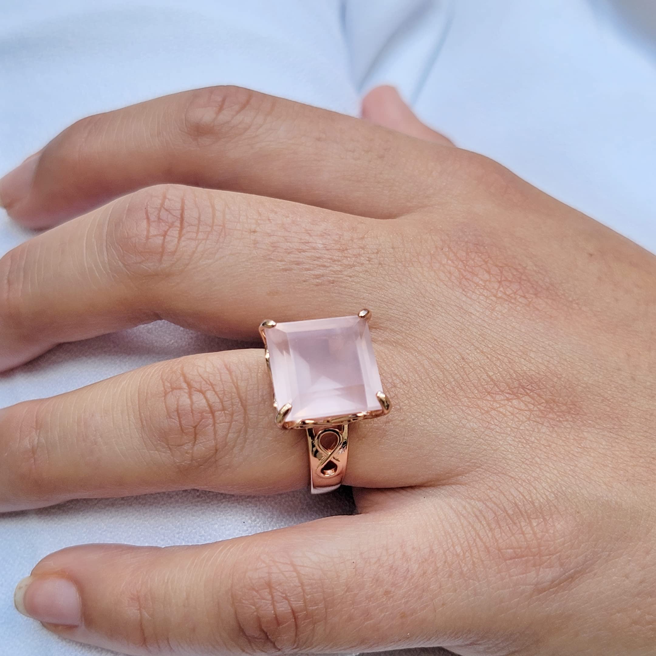 Natural Rose Quartz Infinity Ring - 14mm Cushion Cut Genuine Birthstone Jewelry - 925 Sterling Silver Rose Gold Plated - Perfect for Valentine's Gift, Anniversary Present & Spiritual Healing Jewelry
