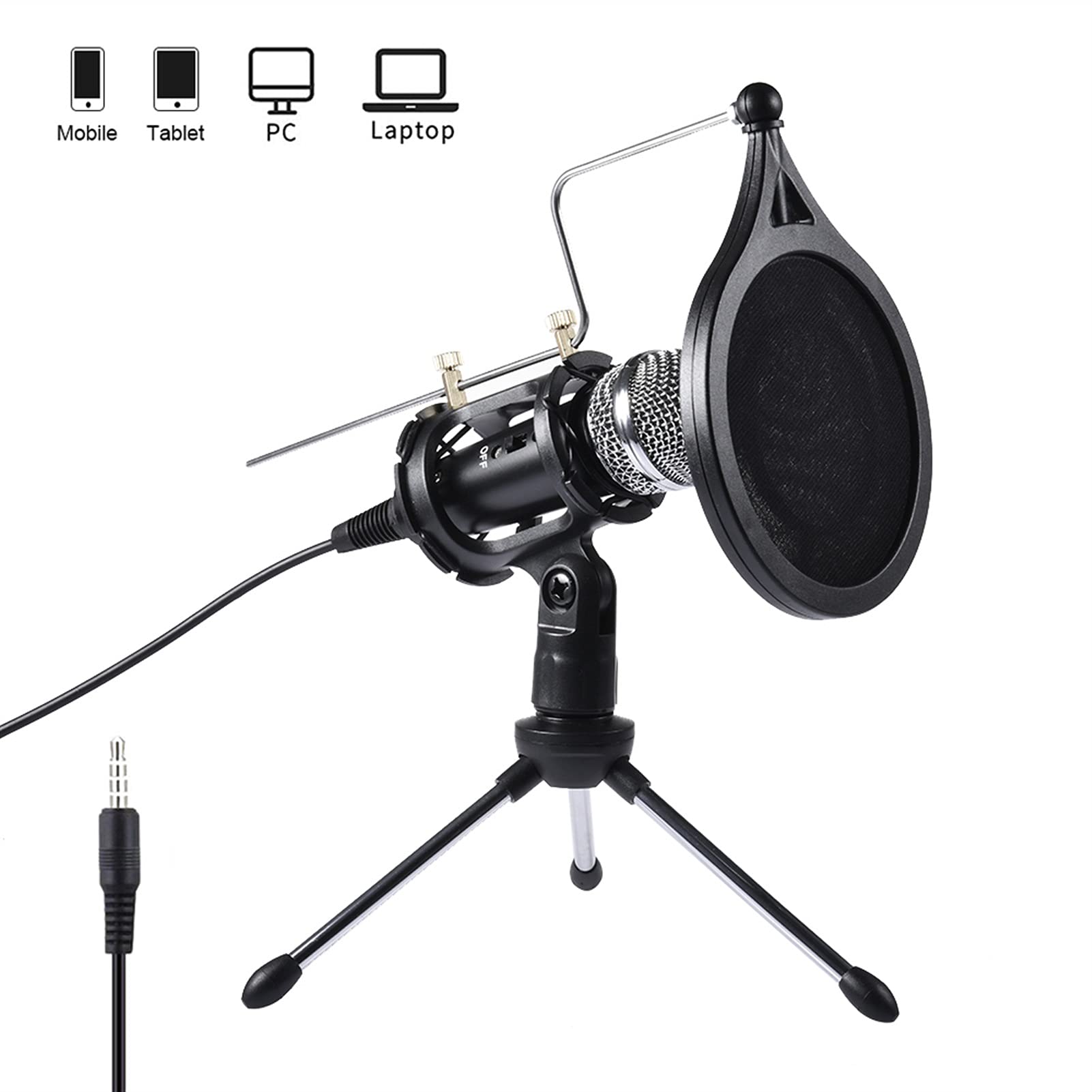 Professional Condenser Microphone with 3.5mm Jack & Adjustable Stand - Studio Quality Recording Mic for Computer, PC, Phone, KTV, Karaoke, Podcasting & Live Streaming (Black) - Perfect for Home Studios, Gaming, Voice Overs & Music Recording
