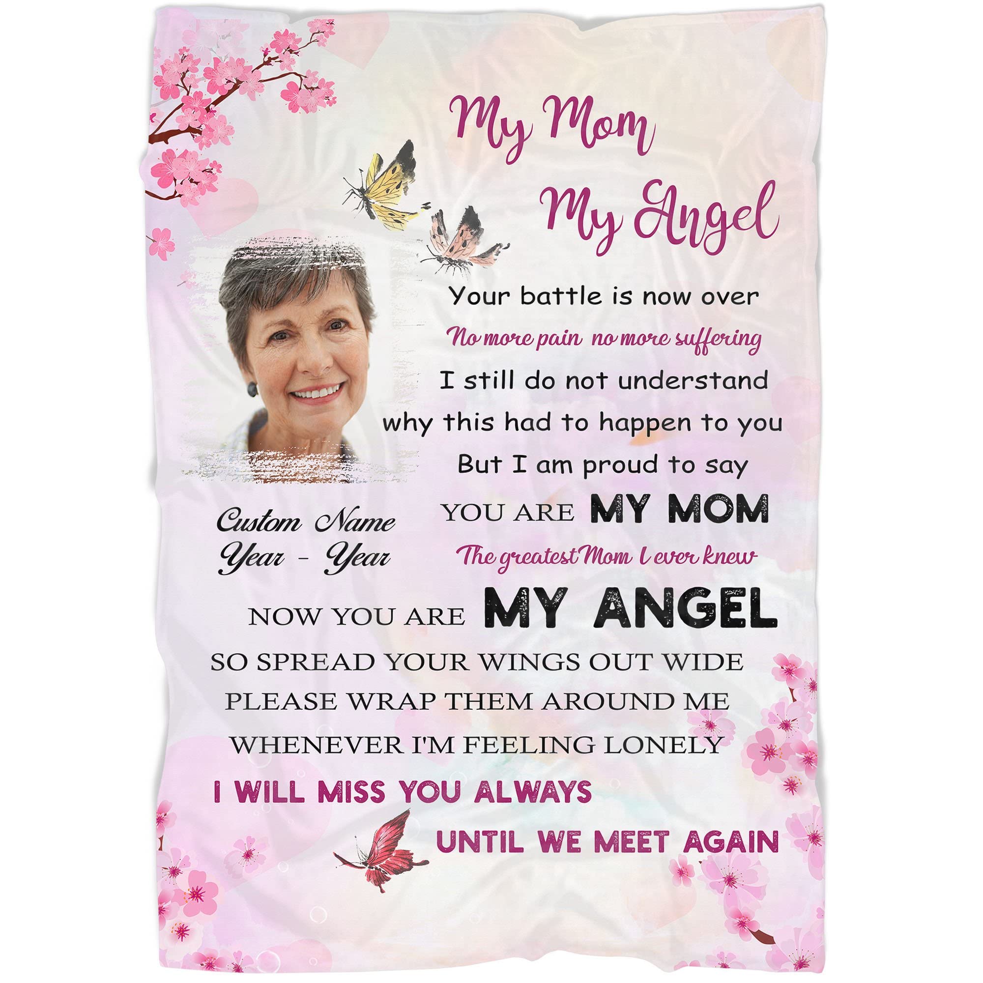 Personalized Memorial Blanket for Mom - Custom Photo Tribute Blanket | Sympathy Gift for Loss of Mother | Angel in Heaven Remembrance Throw | Perfect for Comfort, Healing & Cherishing Memories at Home