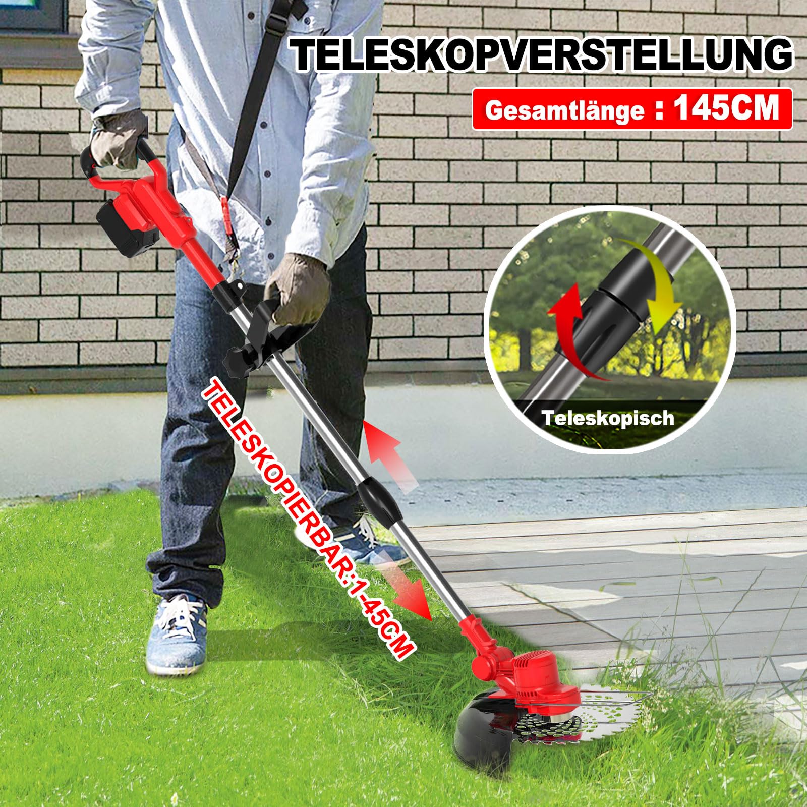 21V 4.0Ah Cordless Grass Trimmer & Weed Brush - 4-in-1 Electric Lawn Trimmer with 20,000 RPM, Telescopic Handle (1-45cm) & 90° Swivel Head - Perfect for Lawn Care, Garden Maintenance & Yard Work