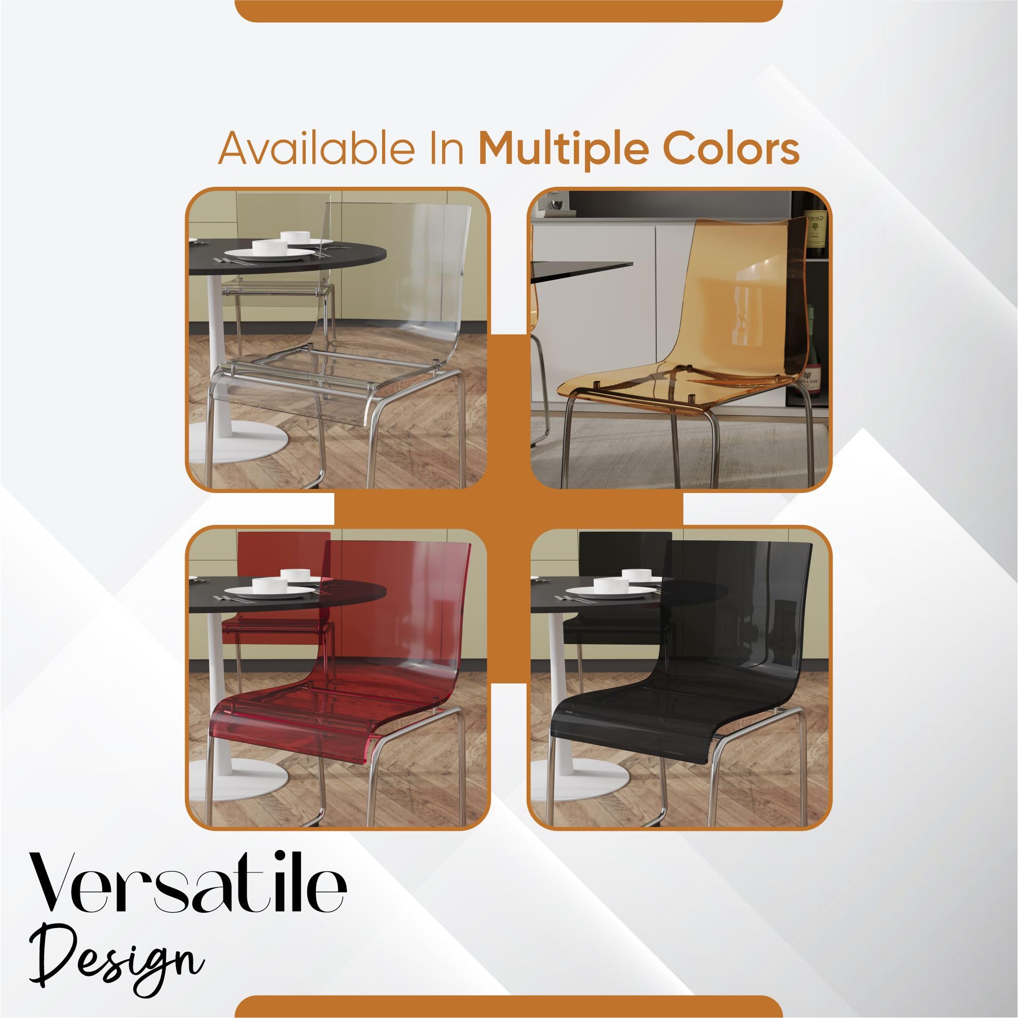 LeisureMod Lima Mid-Century Modern Acrylic Chrome Finish Steel Frame Stackable Accent Side Chairs - Set of 4 Amber - Perfect for Kitchen, Dining Room, Office or Outdoor Patio Seating