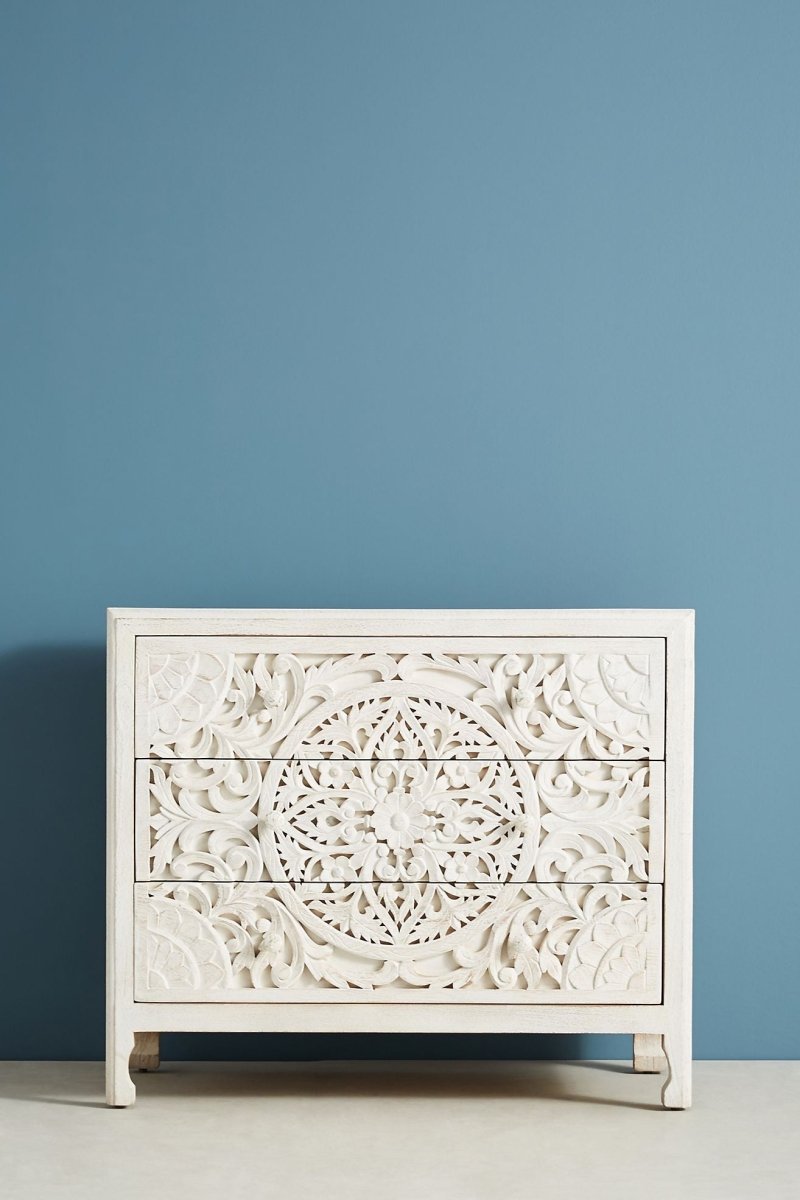 Hand Carved Lombok Three Drawer Dresser - Solid Wood Chest of Drawers for Bedroom Storage & Organization | Vintage Style Dresser for Home Decor & Bedroom Furniture