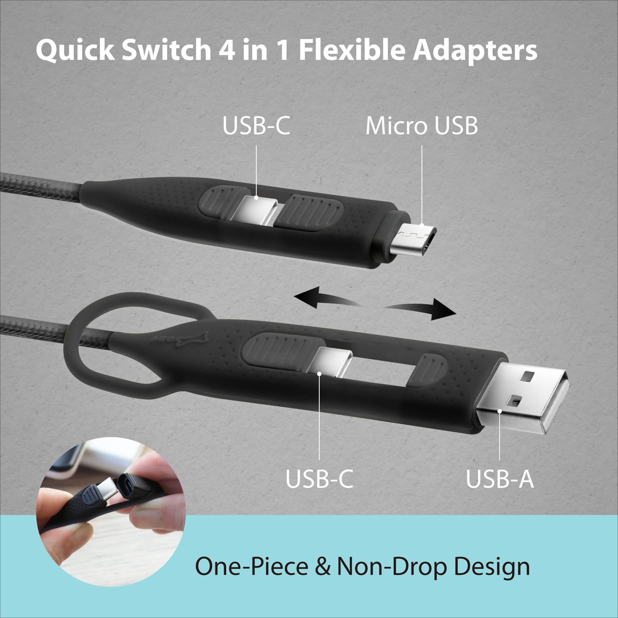 Premium BONE 4-in1 Charging Cable with Interchangeable Adapters (USB-C/USB-A/Micro USB) - Durable Nylon Braided Cord - Fast Charging for iPhone, Samsung, Android Smartphones, iPad & Tablets - Perfect for Home, Office & Travel - Black