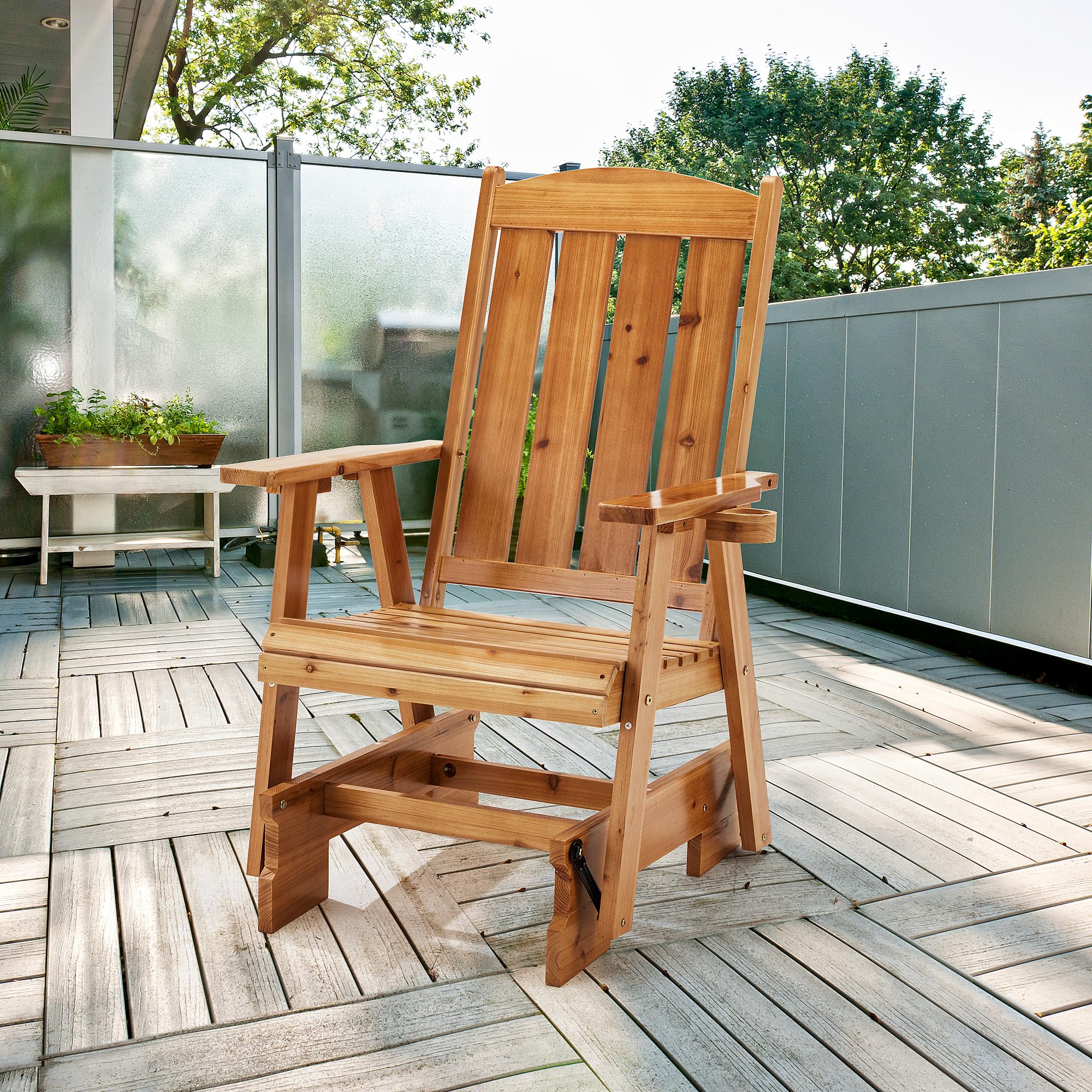HOMREST 2-Piece Wooden Patio Glider Chair Set with Cup Holders - Heavy Duty 700LBS Capacity, Ergonomic Deep Contoured Seat & High Roll Back - Perfect for Outdoor Garden, Porch, Balcony & Backyard Relaxation