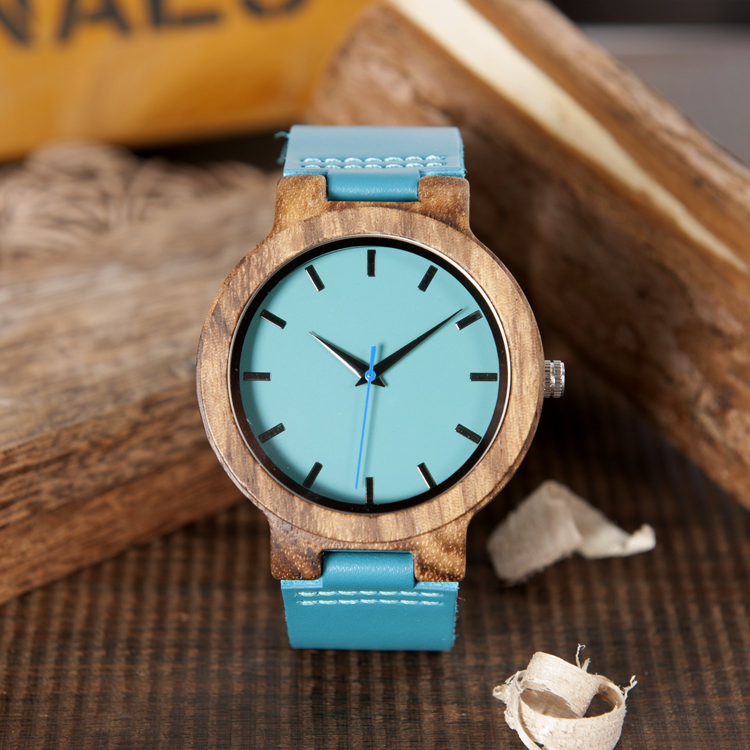 BOBO BIRD Bamboo Wooden Watch for Men & Women - Blue Cowhide Leather Strap, Casual Fashion Timepiece with Gift Box | Perfect for Everyday Wear, Anniversary Gifts & Eco-Friendly Lifestyle