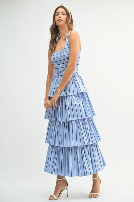 Spring Pin Stripe Layered Midi Summer Dress for Women - Floral Print Casual Sundress for Beach, Vacation & Outdoor Parties