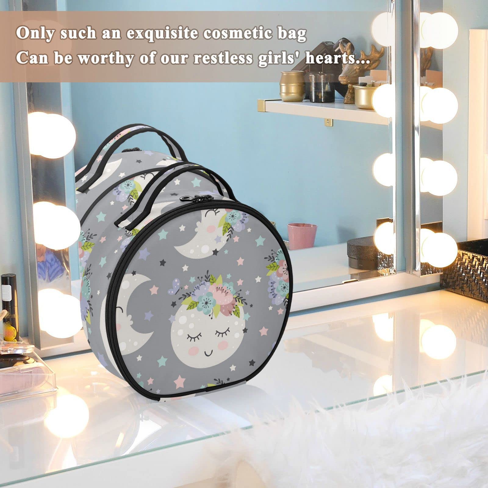 Linqin Travel Makeup Bag Organizer for Women - Portable Cosmetic Case with Adjustable Dividers, Moon Design Train Case for Toiletry, Jewelry & Brushes - Perfect for Travel, Home & Salon Use