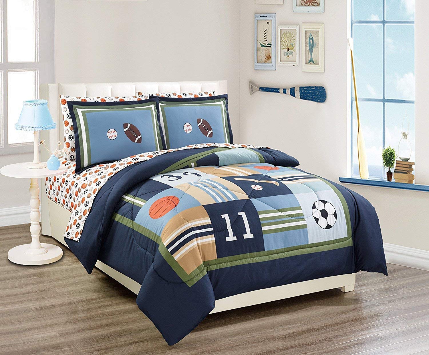5-Piece Twin Size Sports Comforter Bedding Set for Boys & Kids - Basketball, Baseball, Soccer, Football Design in Multicolor & Navy | Complete Bed in a Bag with Sheet Set | Perfect for Kids' Rooms, Dorm Decor & Sports-Themed Bedrooms