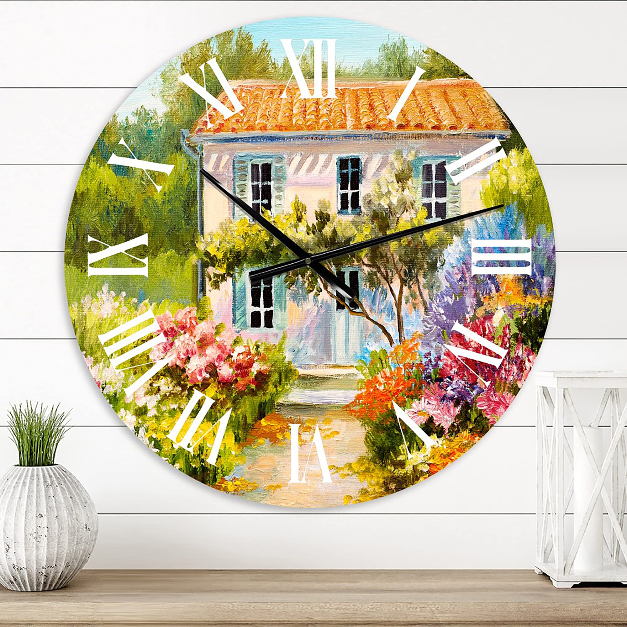 DesignQ Traditional Wall Clock - 'Little House On The Mountain with Flowers II' Landscape Nature Decor - Large Silent Non-Ticking Clock for Kitchen, Living Room, Bedroom, Office & Home Decor