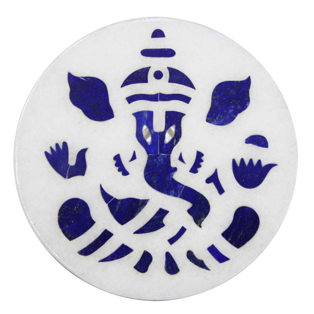 Exquisite Queenza Marble Jewelry Box with Lapis Lazuli Inlay - Lord Ganesha Art Design - 4 Inch Round Jewelry Organizer - Perfect Gift for Women & Girls (Valentine's Day, Birthday, Anniversary) - Ideal for Home Decor, Dresser Top & Travel Accessories