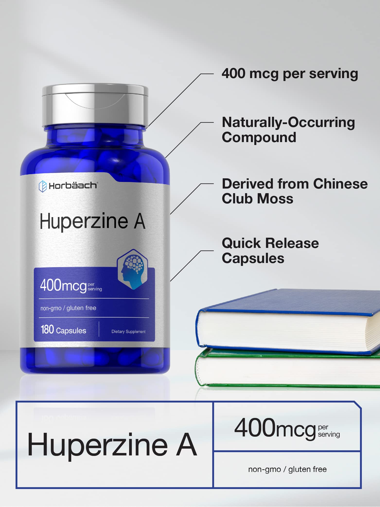Horbäach Huperzine A 400mcg | 180 Capsules | Brain Health Supplement | Non-GMO, Gluten Free, Vegan | Supports Memory & Focus | Perfect for Students & Professionals