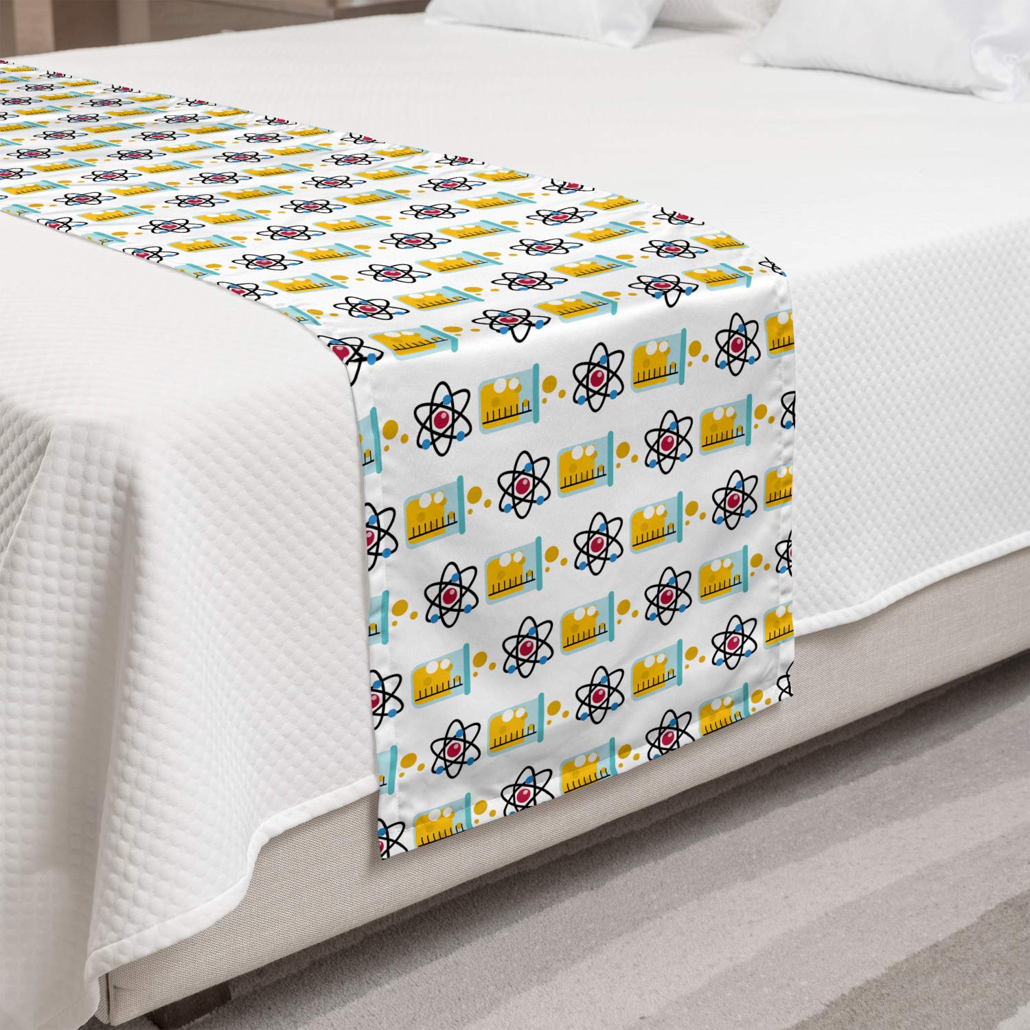 Ambesonne Science Themed Bed Runner - Colorful Laboratory Flask, Tube & Chemical Equipment Design - Decorative Bedding Scarf for King Size Beds - White & Multicolor Accent - Perfect for Home, Hotel & Guest Room Decor