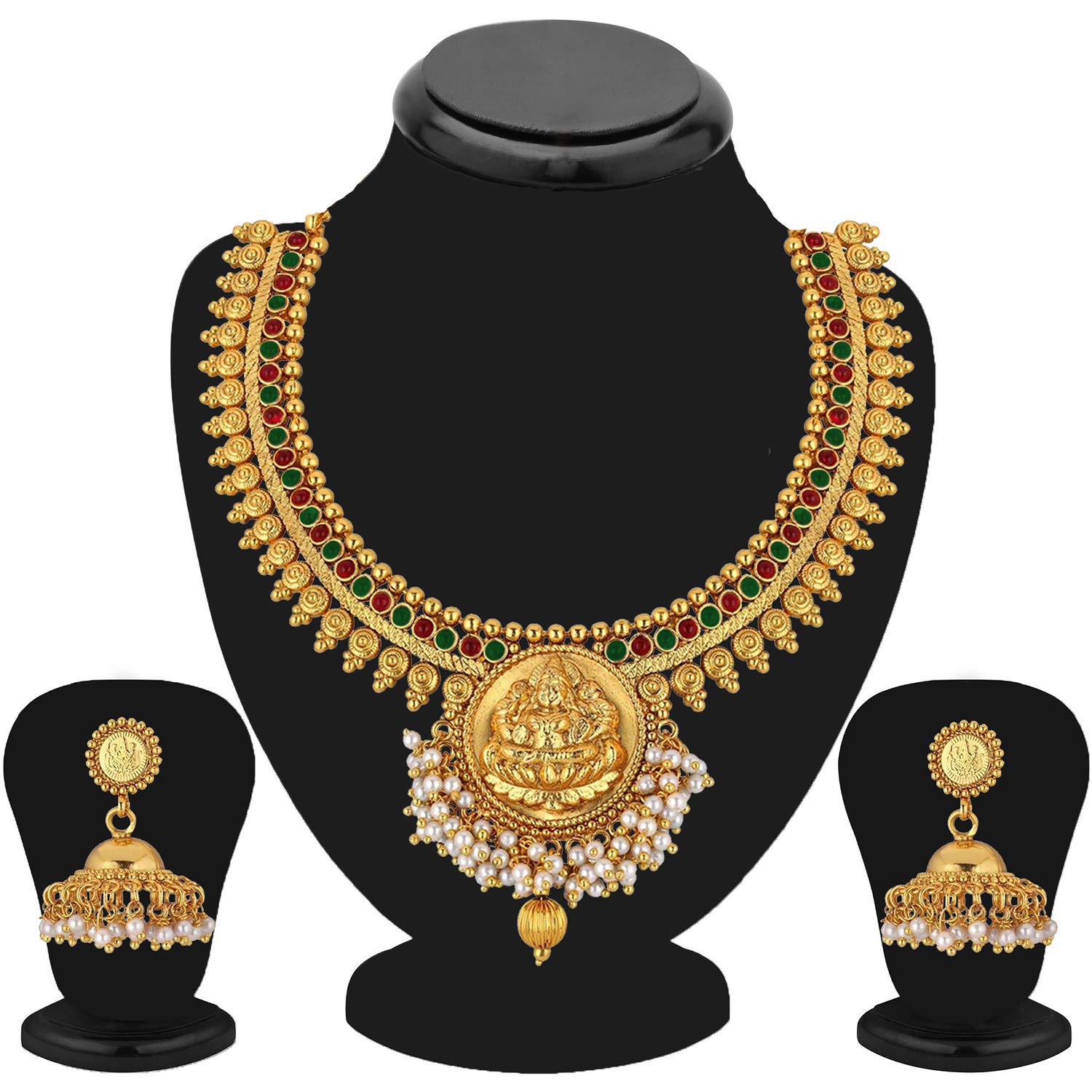Authentic Indian Traditional Temple Necklace & Jhumka Dangle Earrings Set - Faux Stone Bollywood Jewelry for Women | Perfect for Weddings, Festivals & Special Occasions